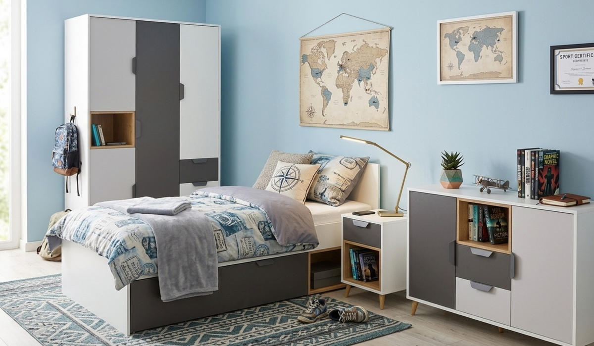 JUGENDZIMMER-SET JUSTIN A 4-teilig in Weiß / Graphit / Grau / Eiche - Eichefarben/Graphitfarben, Holzwerkstoff (377/190/204cm) - Deine Möbel 24