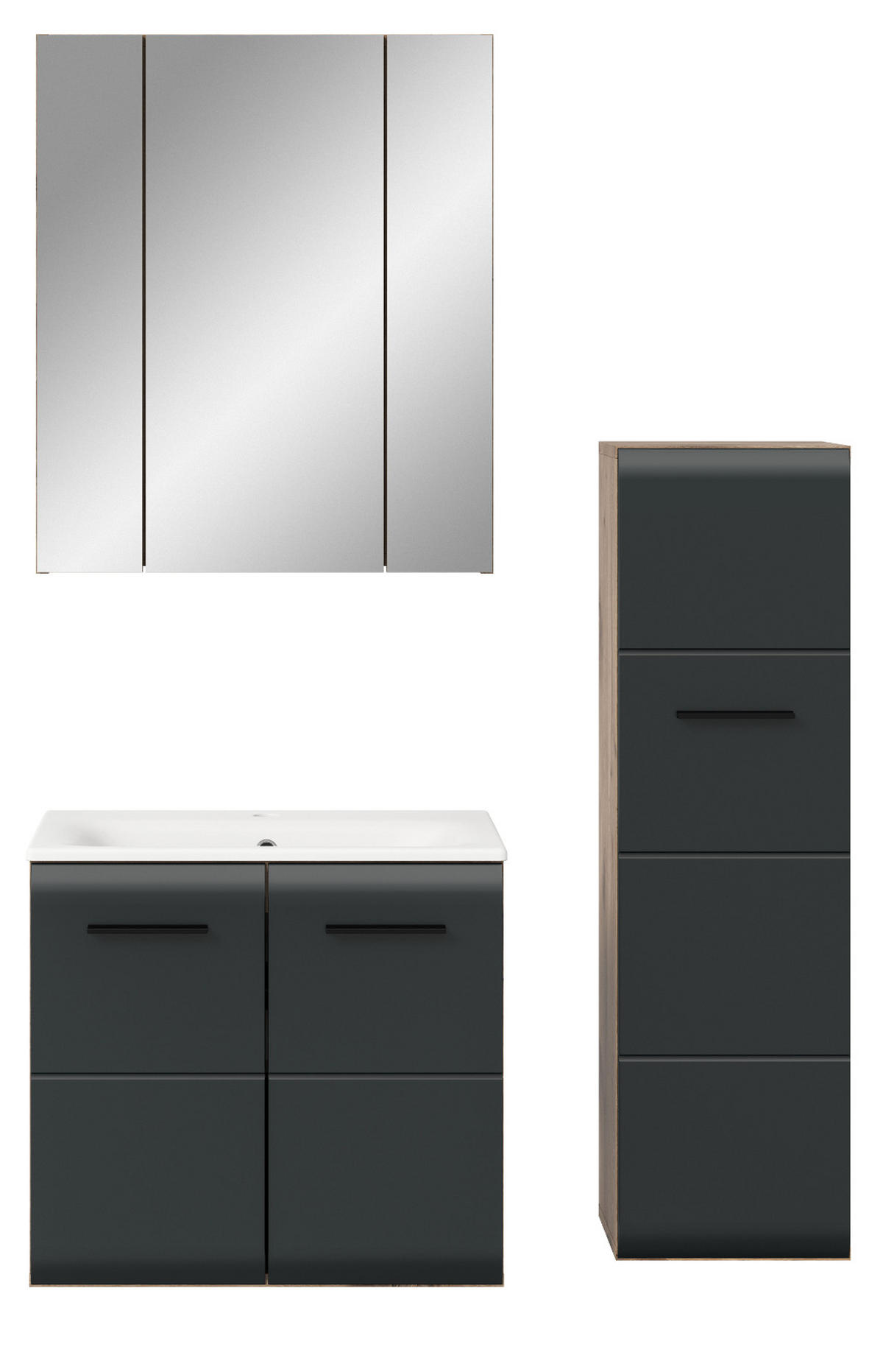 BADMÖBEL-SET 3-teilig Schwarz matt und Eiche, Badezimmer Komplett-Set mit Waschbecken, 105 x 185 cm - Eichefarben/Schwarz, Glas/Keramik (105/185/46cm) - Inn.Furn