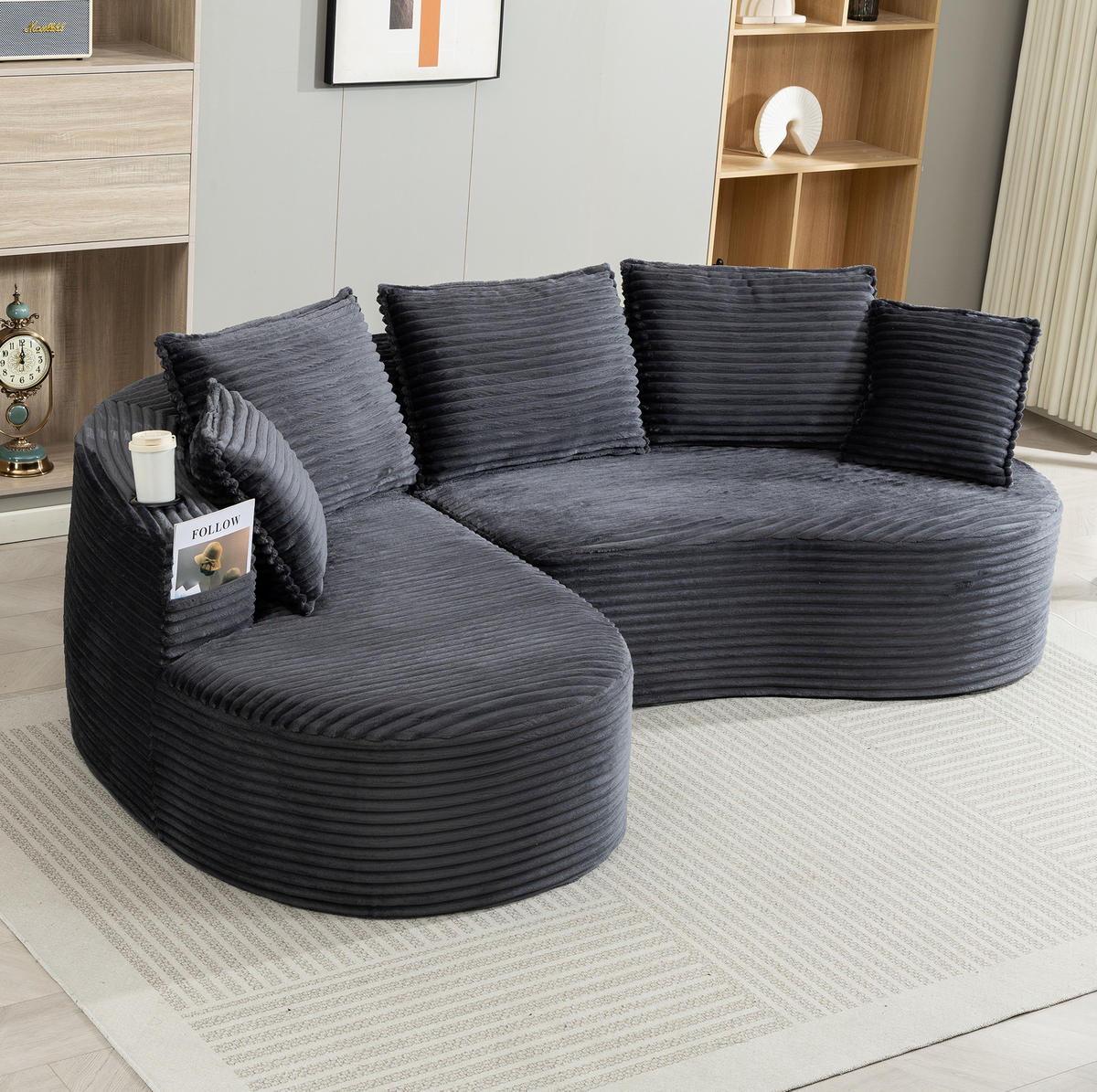 SOFA mit Getränkehaltern und Seitentaschen 250 x 152 cm Cord Dark Gray - Dunkelgrau, Textil (152/250cm) - Meubliv