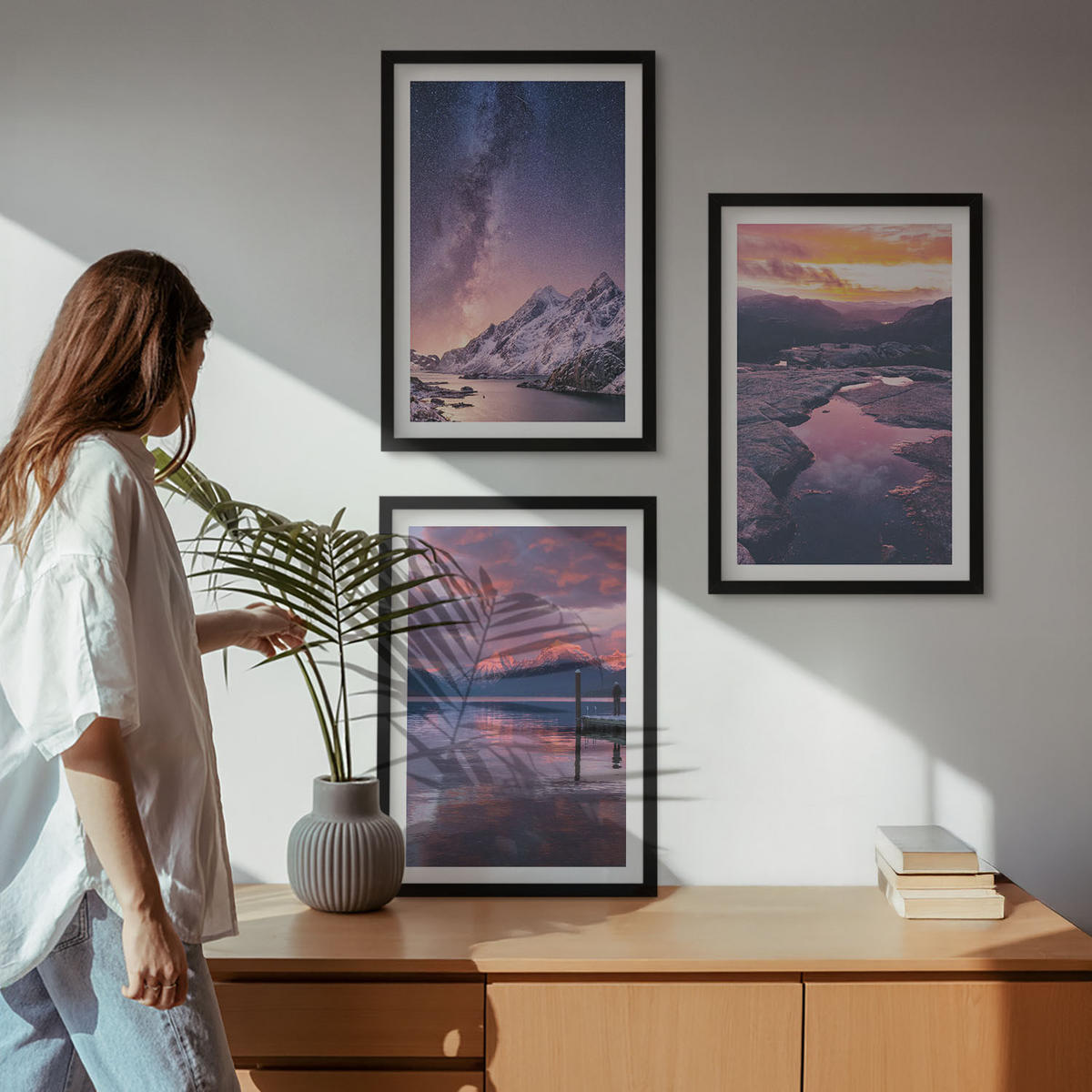 BILDER SET 3er Set - 40x60 cm Schwarzer Rahmen - Berge, Wasser, wunderschöne Landschaften - Schwarz, Kunststoff (40/60cm) - TULUP