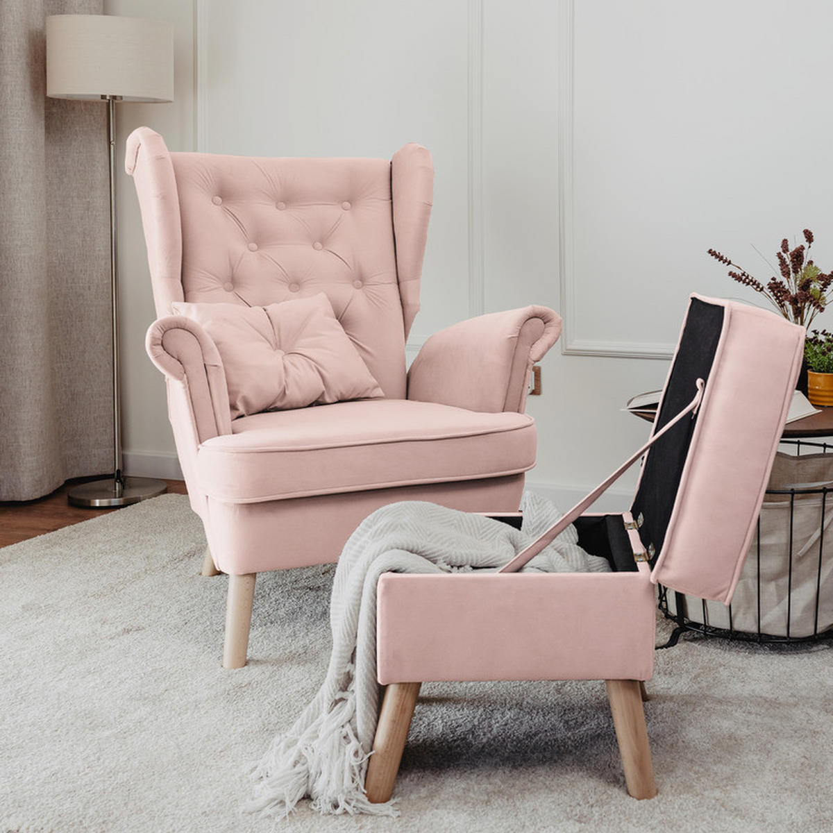 SESSEL CLASSIC mit Fußhocker und Buchenholzfüßen, Rosa - Rosa, Holz/Textil (92/107/80cm) - Idohome