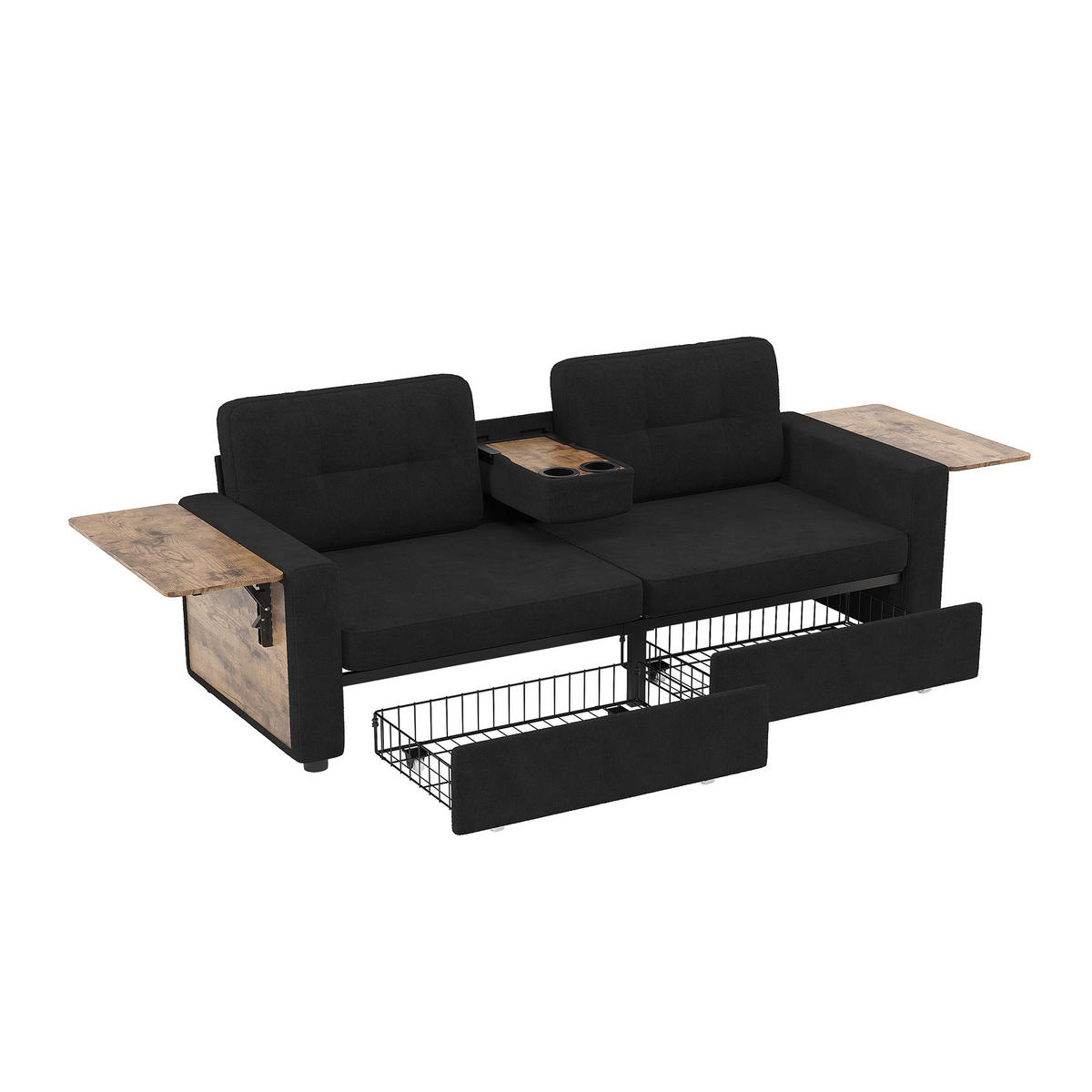 2-SITZER-SOFA mit Laptop-Tisch und Stauraum, DE-42611, Schwarz - Schwarz, Metall (178/57.5/71cm) - ComfortXL
