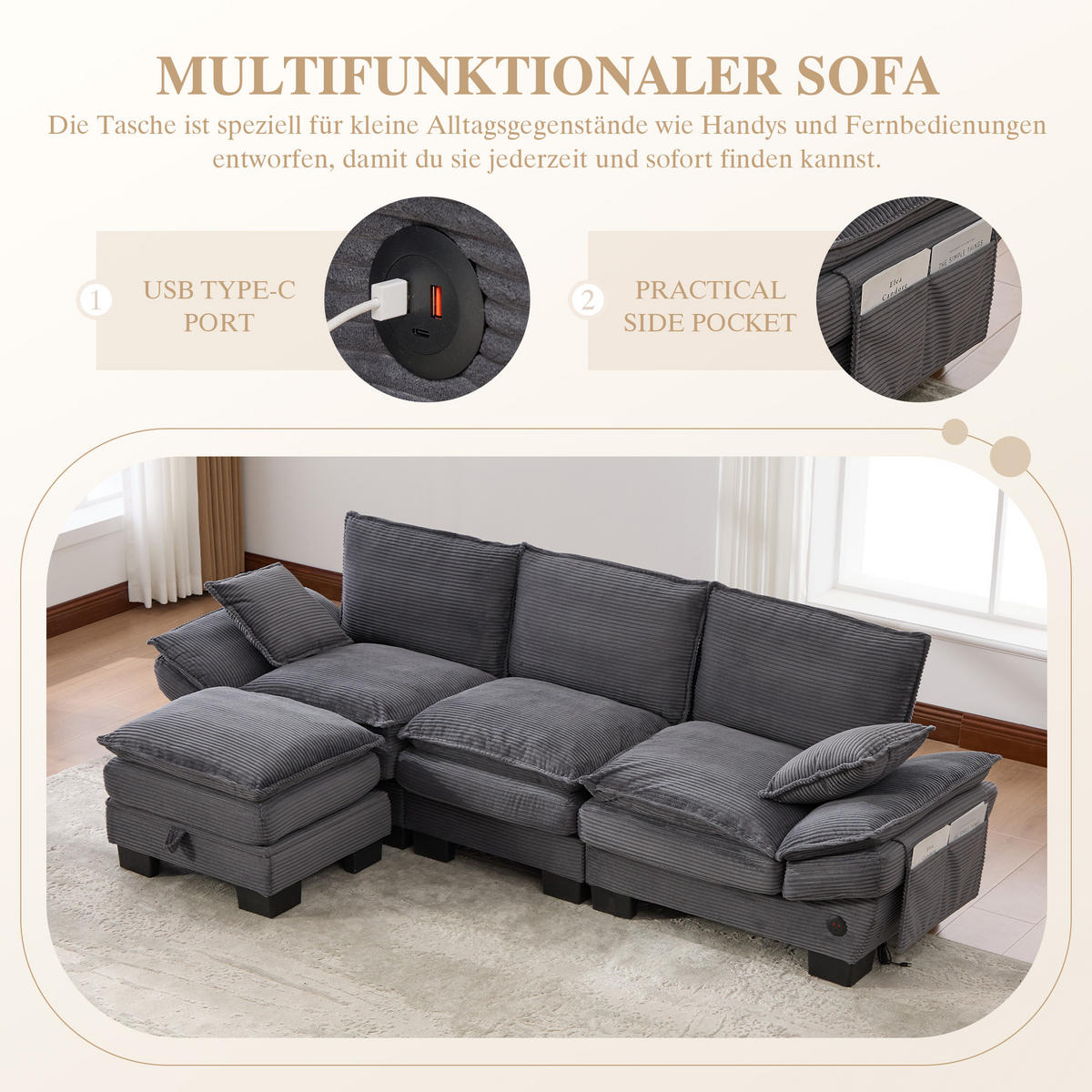 ECKSOFA 260/132/84 cm Dunkelgrau Cord mit 1 Fußhocker, USB-C-Anschluss und Seitentaschen - Dunkelgrau, Textil (260/132cm) - Oxeza