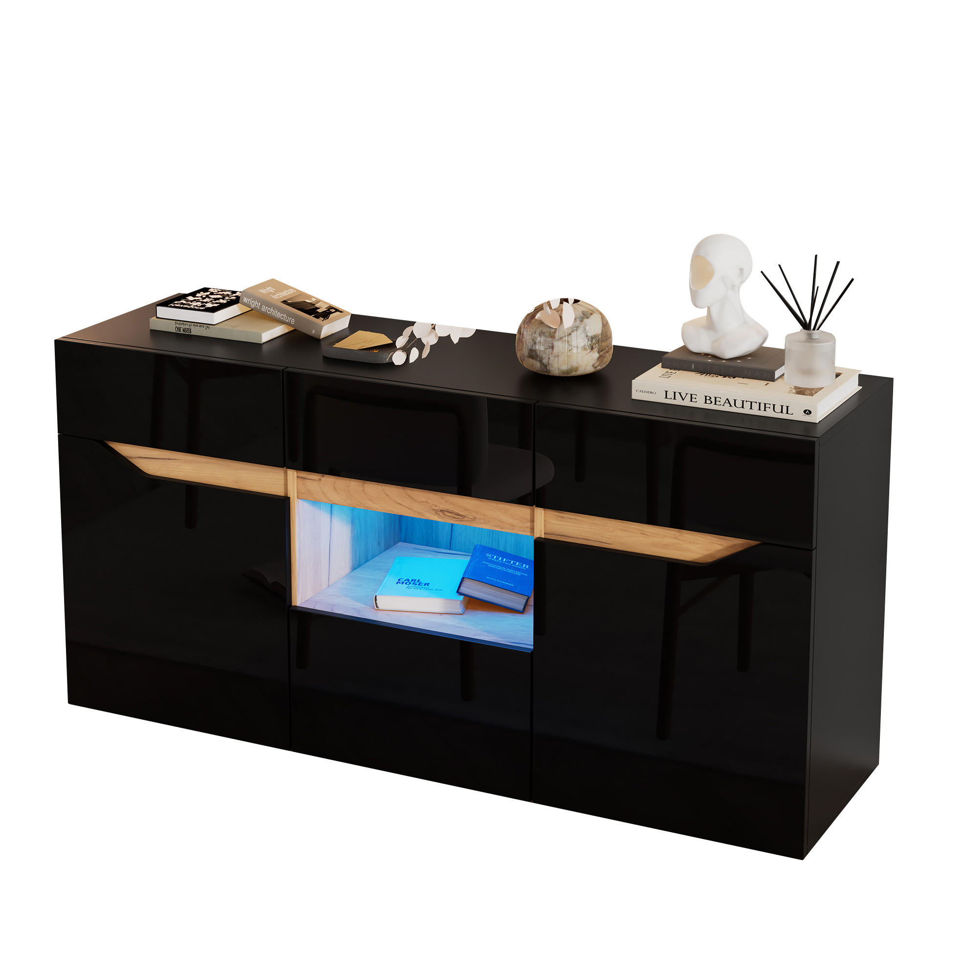 SIDEBOARD 140/40/70 cm schwarz aus Spanplatte mit LED und 4 Schubladen - Schwarz, Holzwerkstoff (140/70/40cm) - OKWISH