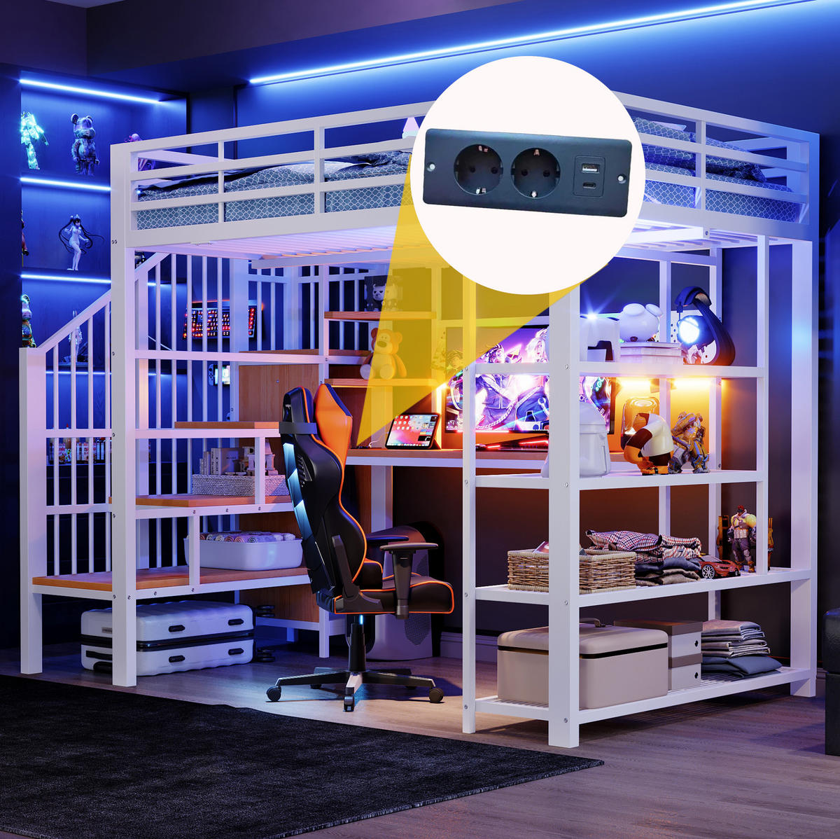 HOCHBETT 140/200 cm aus Metall und Holz mit Schreibtisch, LED und Treppe Weiß - Weiß, Metall (140/200cm) - OKMYHOME