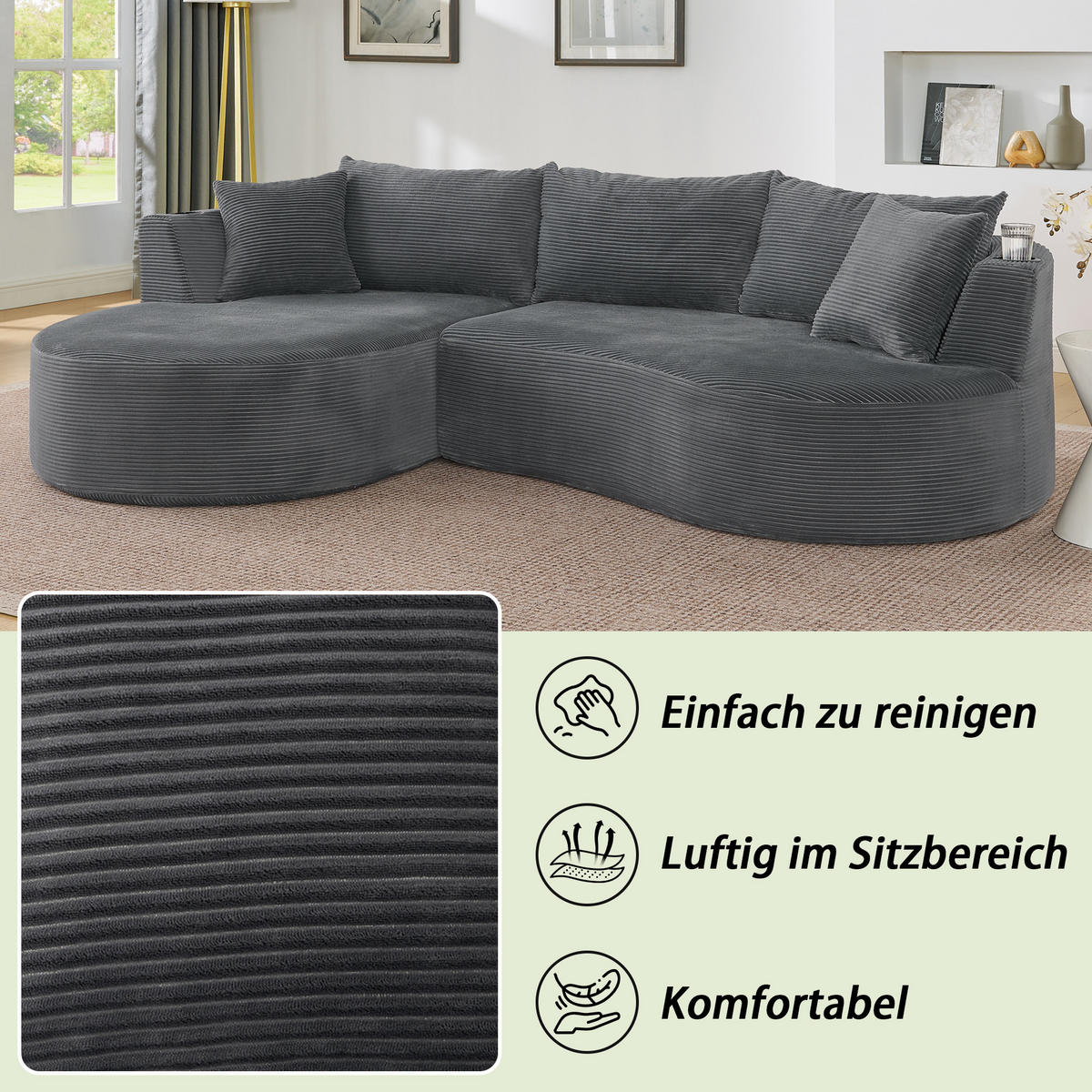 3-SITZER ECKSOFA Cord Grau mit Getränkehaltern und Kissen - Grau, Textil (264/168cm) - WISHDOR