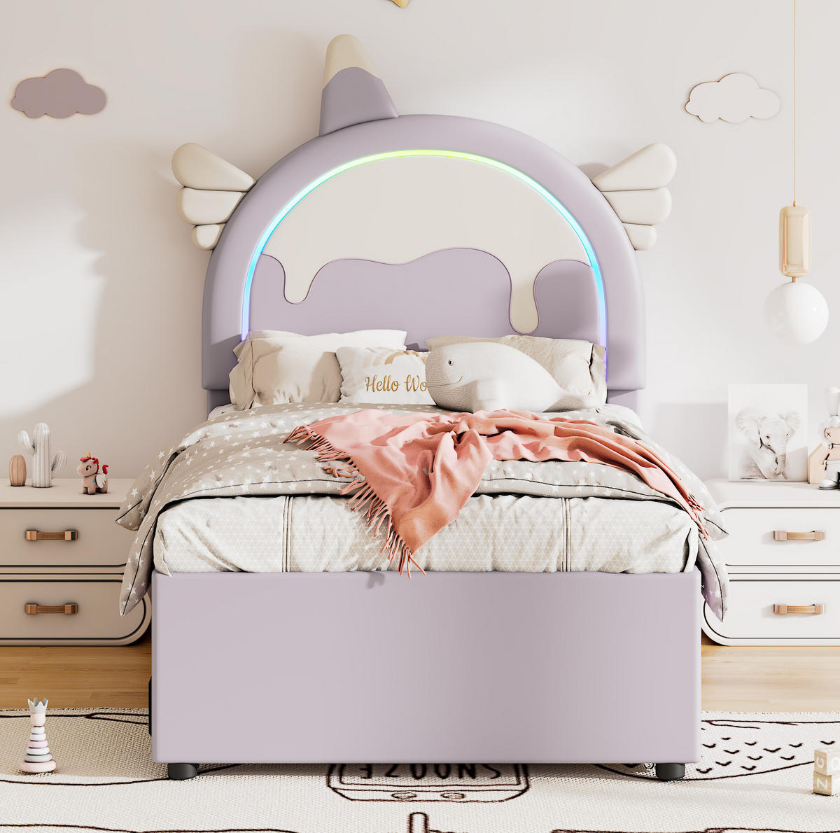 KINDERBETT aus PU 90x200 cm Violett mit ausziehbarem Rollbett und Schubladen im Einhorn-Design - Violett, Kunststoff (90/200cm) - Modfu