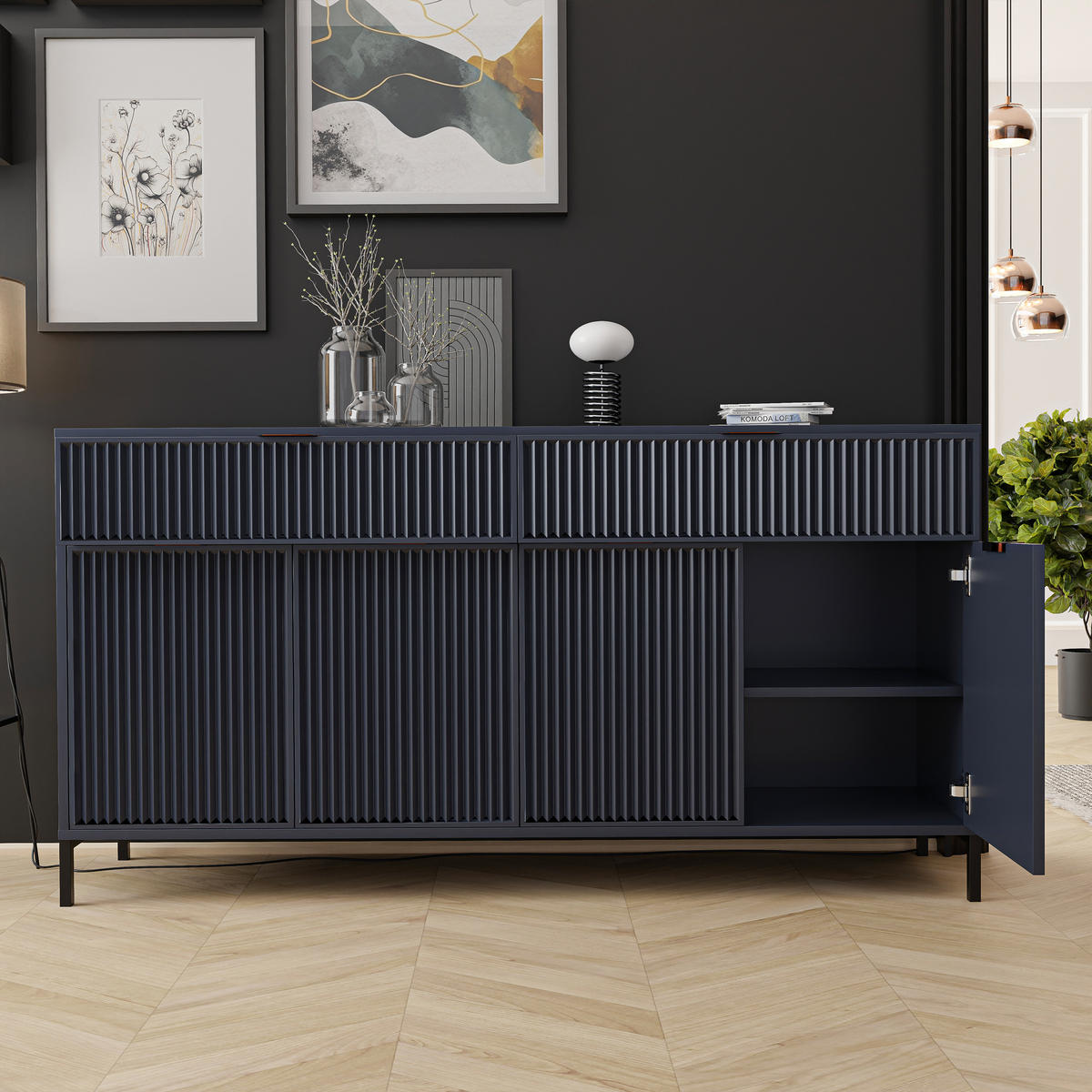 KOMMODE WAVE 165/40/86 cm Indigo - Schwarz/Dunkelblau, Holzwerkstoff/Metall (165.3/86/40.6cm) - Idohome