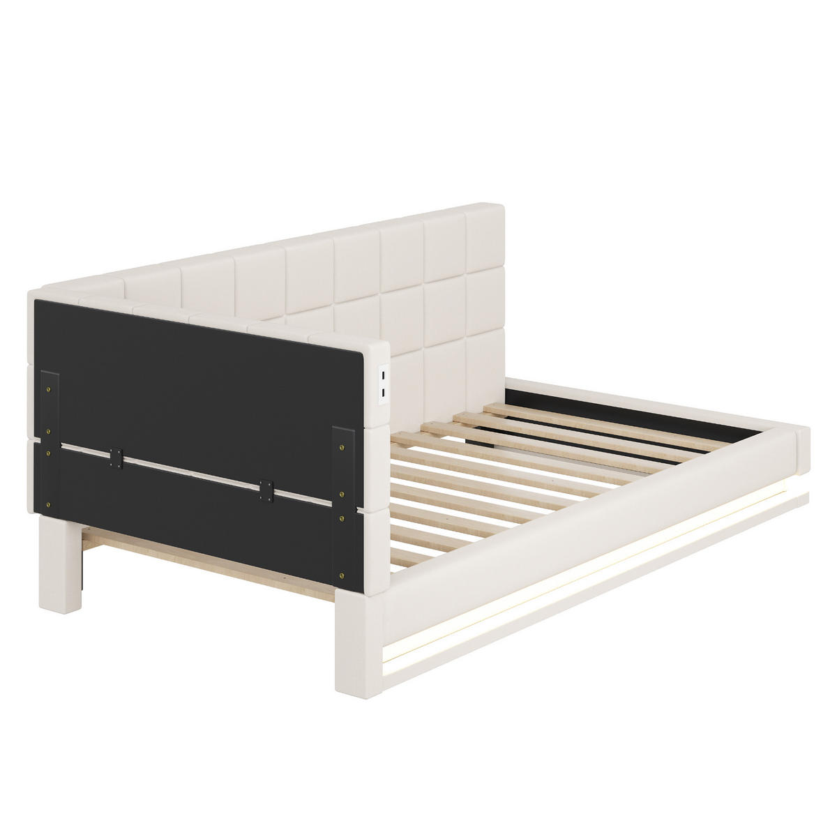 POLSTERBETT 90/200 cm mit LED-Beleuchtung und USB-Steckdose Leinenstoff Beige - Beige, Textil (90/200cm) - OKWISH