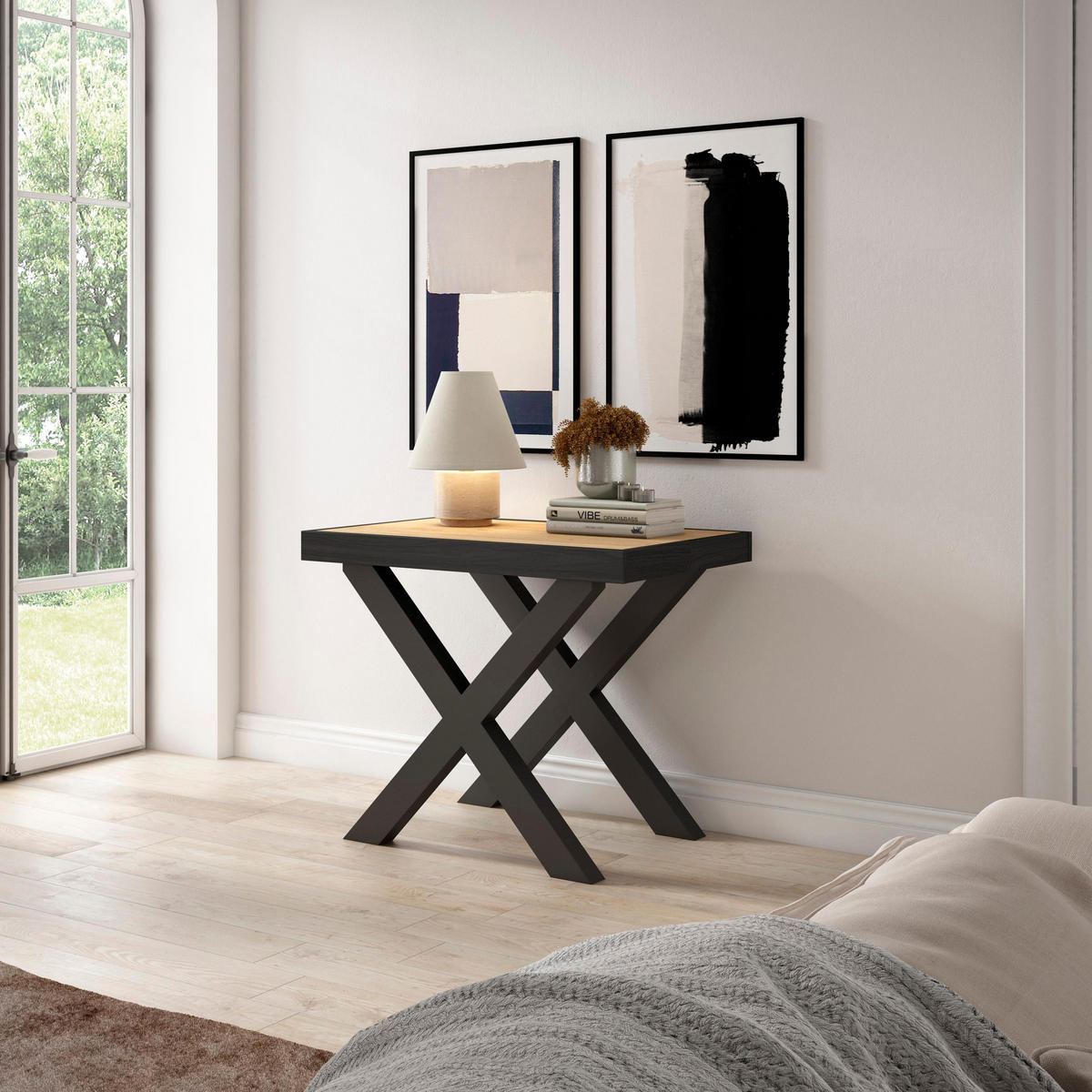 KONSOLENTISCH ausziehbar 58 bis 140cm, für 6 Gäste, eiche, schwarz, 90/58/73cm - Eichefarben/Multicolor, Holzwerkstoff (90/140/73cm) - Skraut Home