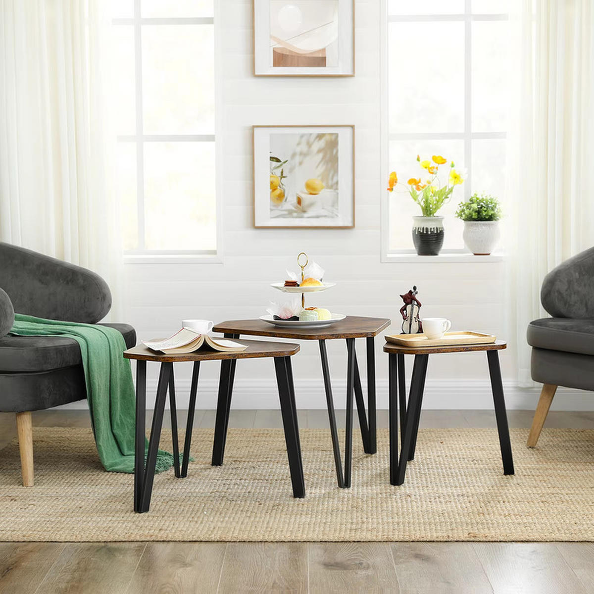 COUCHTISCH 3er Set Beistelltisch Metallgestell modern platzsparend - Braun, Holz (39.6/39.6/40cm) - Kaket