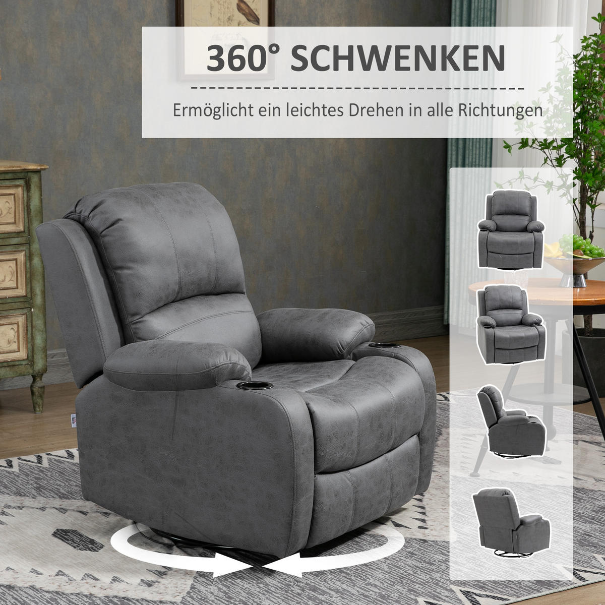 RELAXSESSEL Fernsehsessel mit Liegefunktion, Ruhesessel mit Wippfunktion, Grau - Grau, Textil (95/102/87cm) - HOMCOM