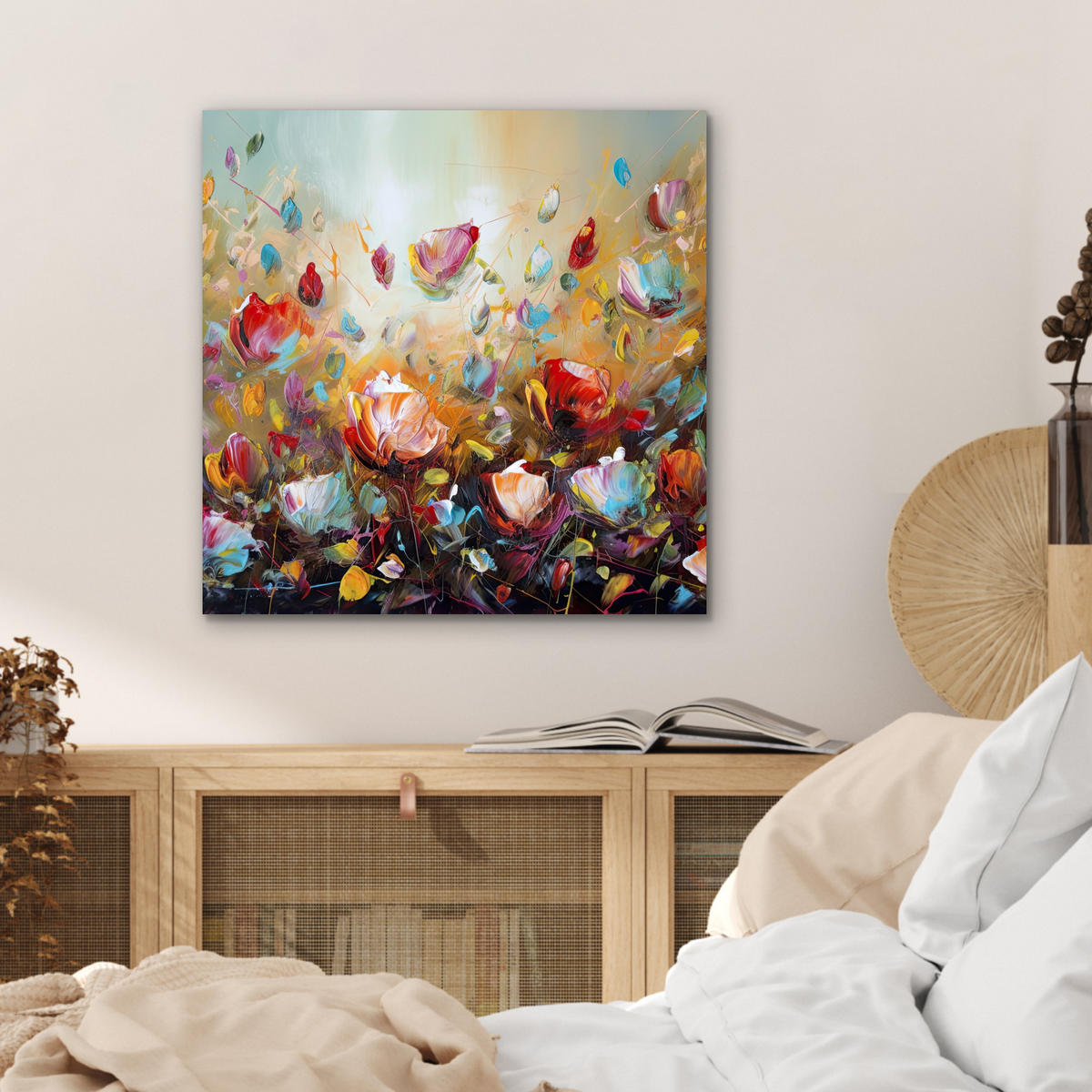 KOVOVÝ OBRAZ Kvety - Umenie - Príroda - Olejomaľba 50x50 cm - viacfarebná, kov (50/50cm) - MuchoWow