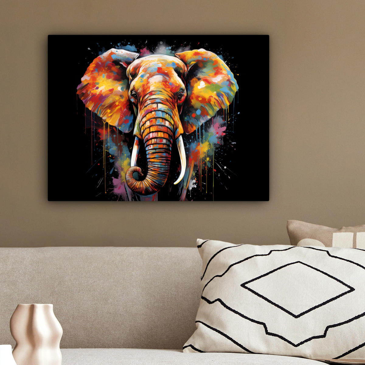 LEINWANDBILD Elefant - Graffiti - Schwarz - Tiere - Farben 40x30 cm - Schwarz, Textil (40/30cm) - MuchoWow