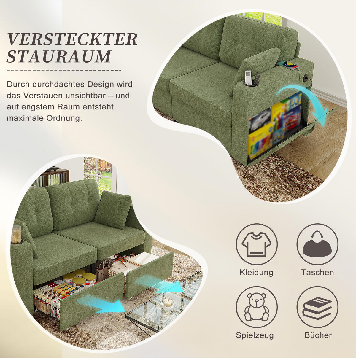 2-SITZER-SOFA 172/75/82 cm mit USB-Anschlüssen, Stauraumschubladen, Getränkehaltern und Seitentaschen, Olive - Salbeigrün, Textil (172/82/75cm) - Redom