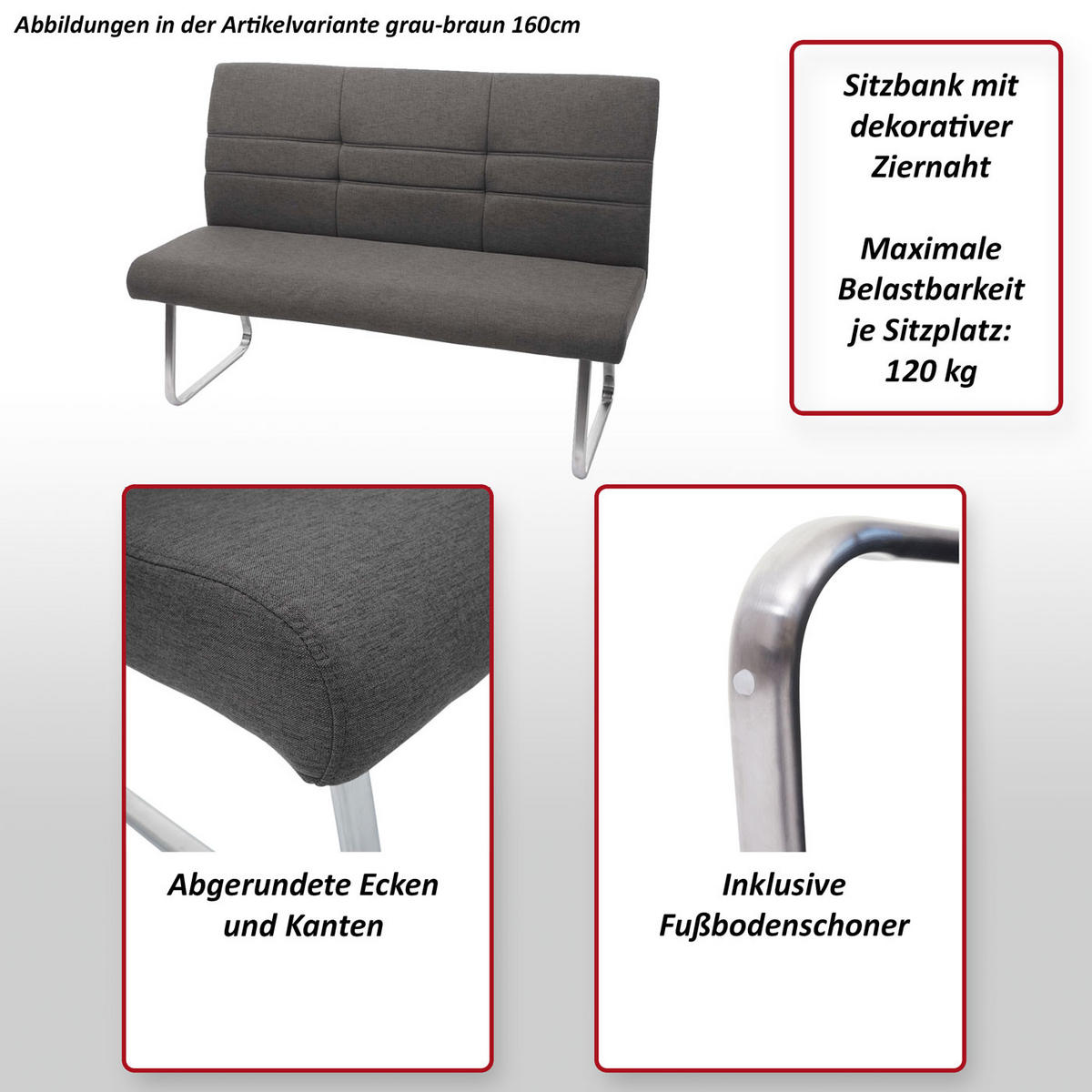 SITZBANK Grau - Grau, Textil (160/99/68cm) - MCW