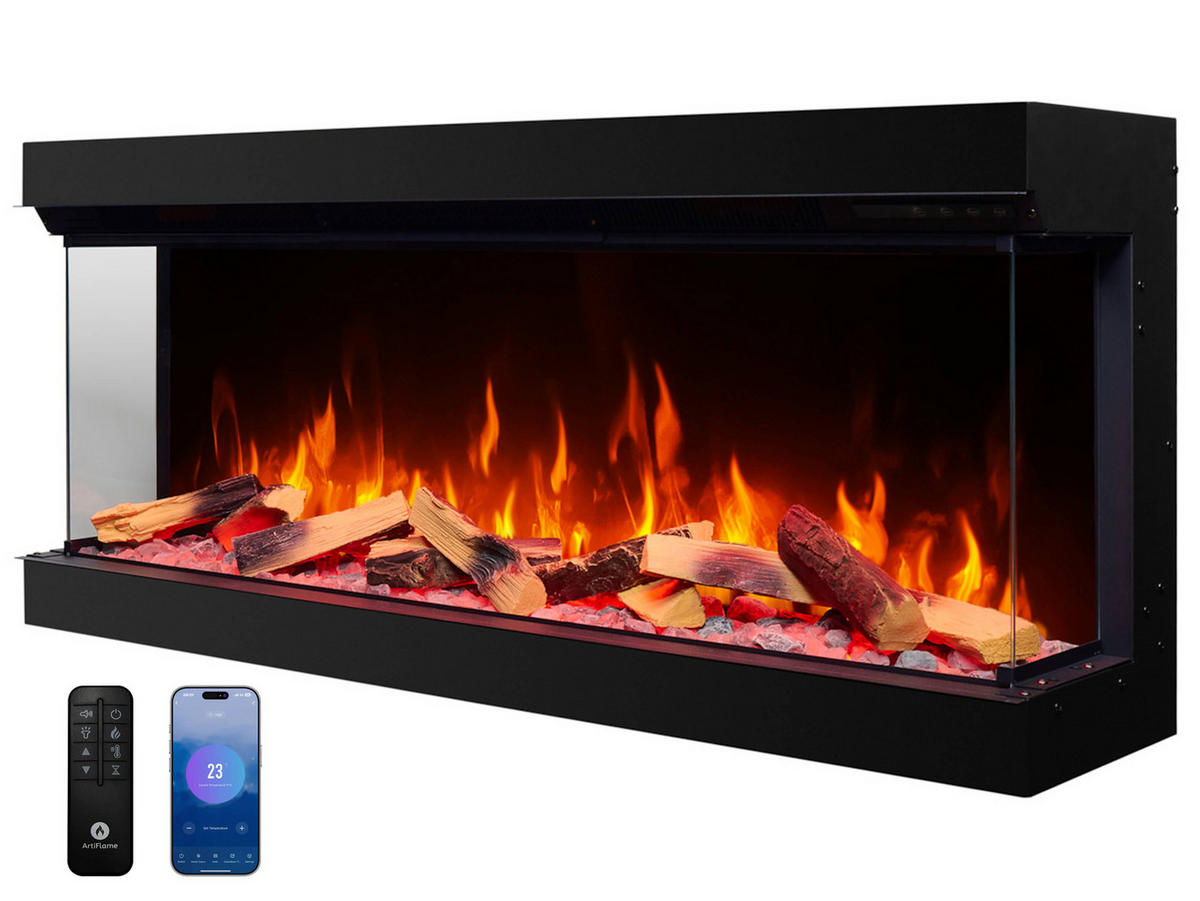EINBAU-ELEKTROKAMINEINSATZ AF50TS – dreiseitig, Breite 125 cm, 3D-Flammeneffekt, Heizfunktion, WLAN - Schwarz, Glas/Metall (125/55.5/32cm) - ArtiFlame