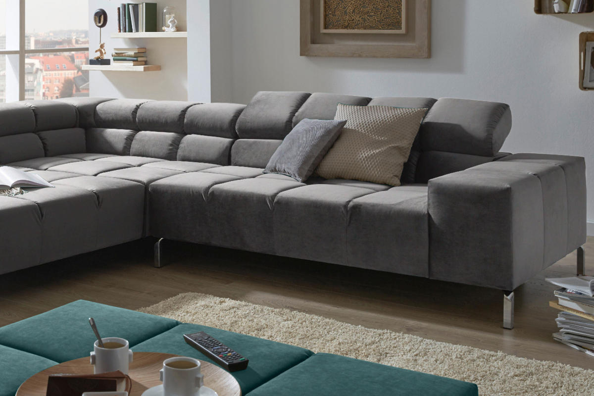 ECKSOFA MIT MOTORISCHEM SITZVORZUG NELSON Grau Velvet Relaxfunktion - Silberfarben/Grau, Textil (321/216cm) - KAWOLA