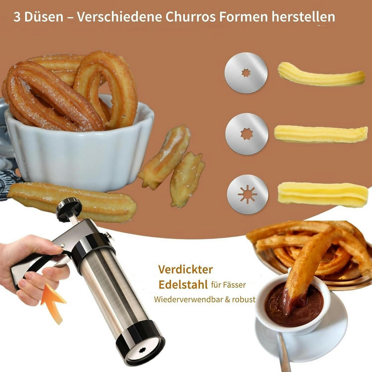 CHURRERA Set mit 3 Düsen Edelstahl Ø 5,6 x 21 cm - Silberfarben, Metall (15/5.6/22cm)