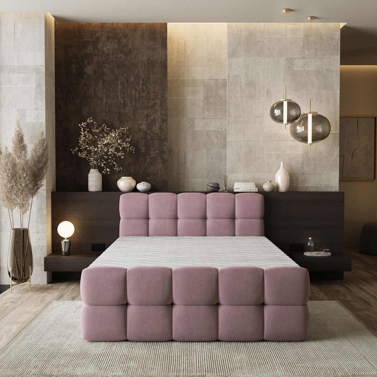 BOXBETT BRUME 160x200 cm mit Matratze und Topper, H2+H3 - Rosa - Rosa, Holz (160/200cm) - MASSENO