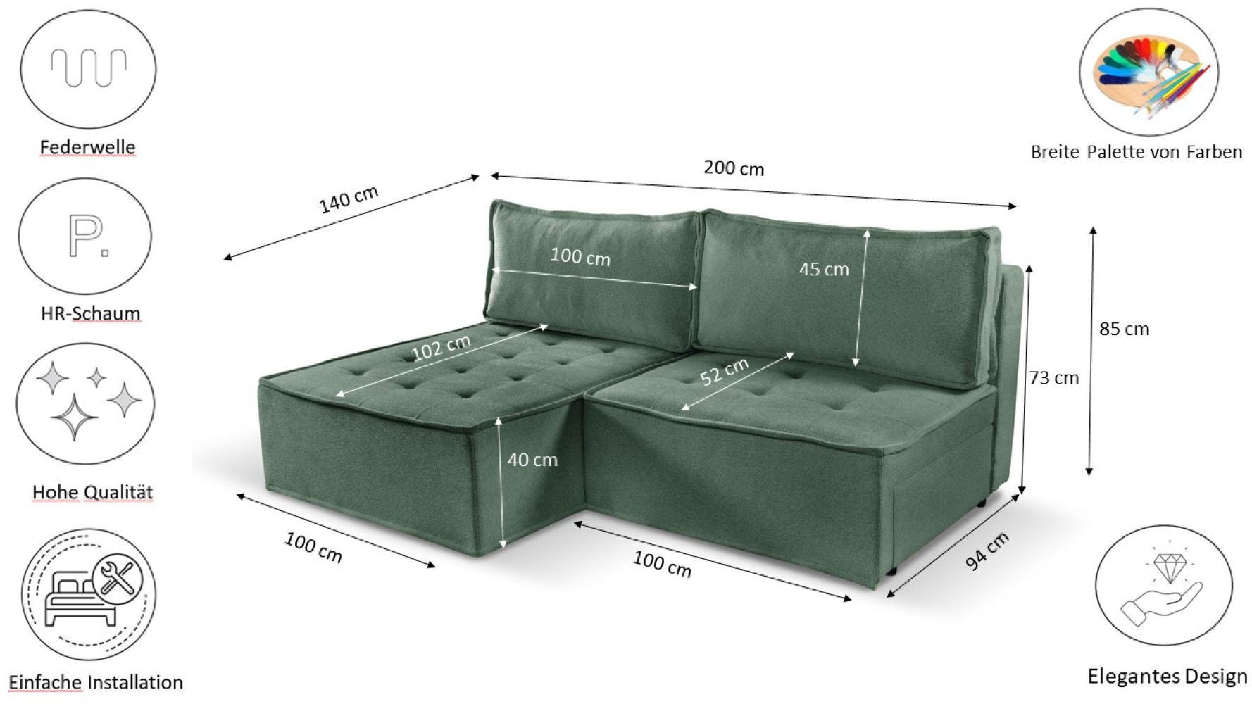 ECKSOFA Bohoo Mini Modernes Mit Schlaffunktion Hellgrün Rechts - Hellgrün, Holz (200/140cm) - Kaiser Möbel