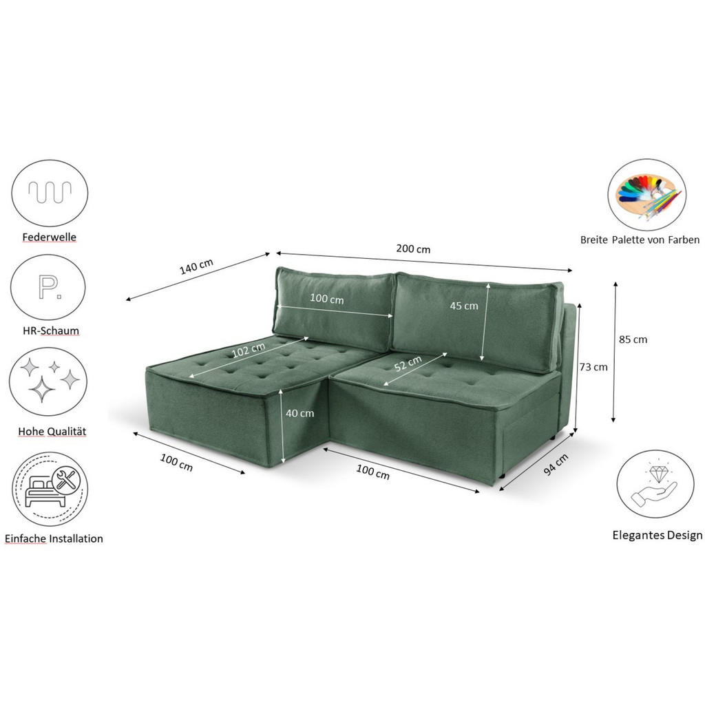 Thumbnail - Kaiser Möbel Ecksofa, Hellgrün, Holz, L-Form, 200x140 cm, Wohnzimmer, Sofas & Couches, Wohnlandschaften, Ecksofas