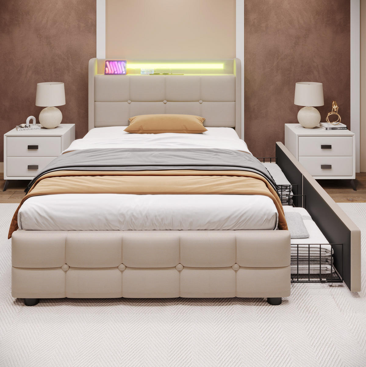 POLSTERBETT mit LED-Beleuchtung 90/200 cm mit USB, Schubladen & Kopfteil - Beige, Holz (90/200cm) - BEAOK