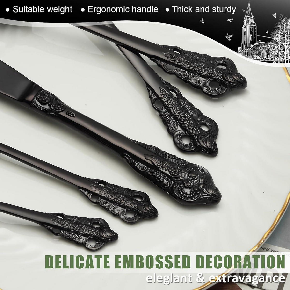 BESTECKSET 30-teiliges Set Schwarz Mattiert Edelstahl Geprägte Griffe Spülmaschinenfest - Schwarz, Metall