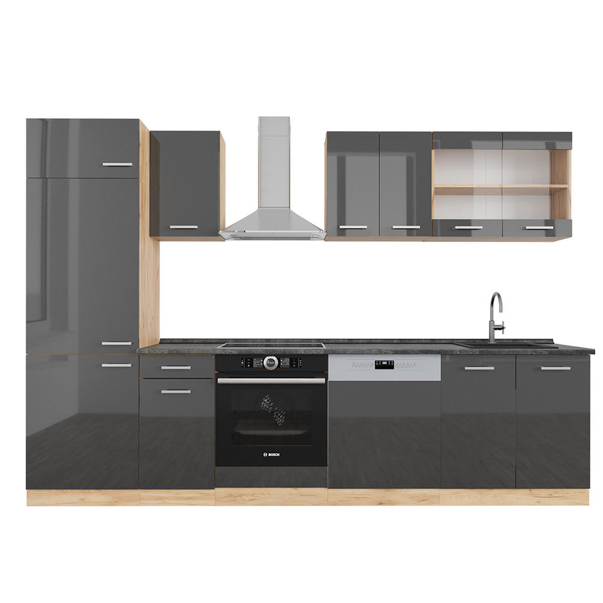 KÜCHENZEILE R-Line Anthrazit Hochglanz/Goldkraft Eiche 300 cm AP Anthrazit - Honigeiche/Anthrazit, Holzwerkstoff (300/81.6/60cm) - Vicco