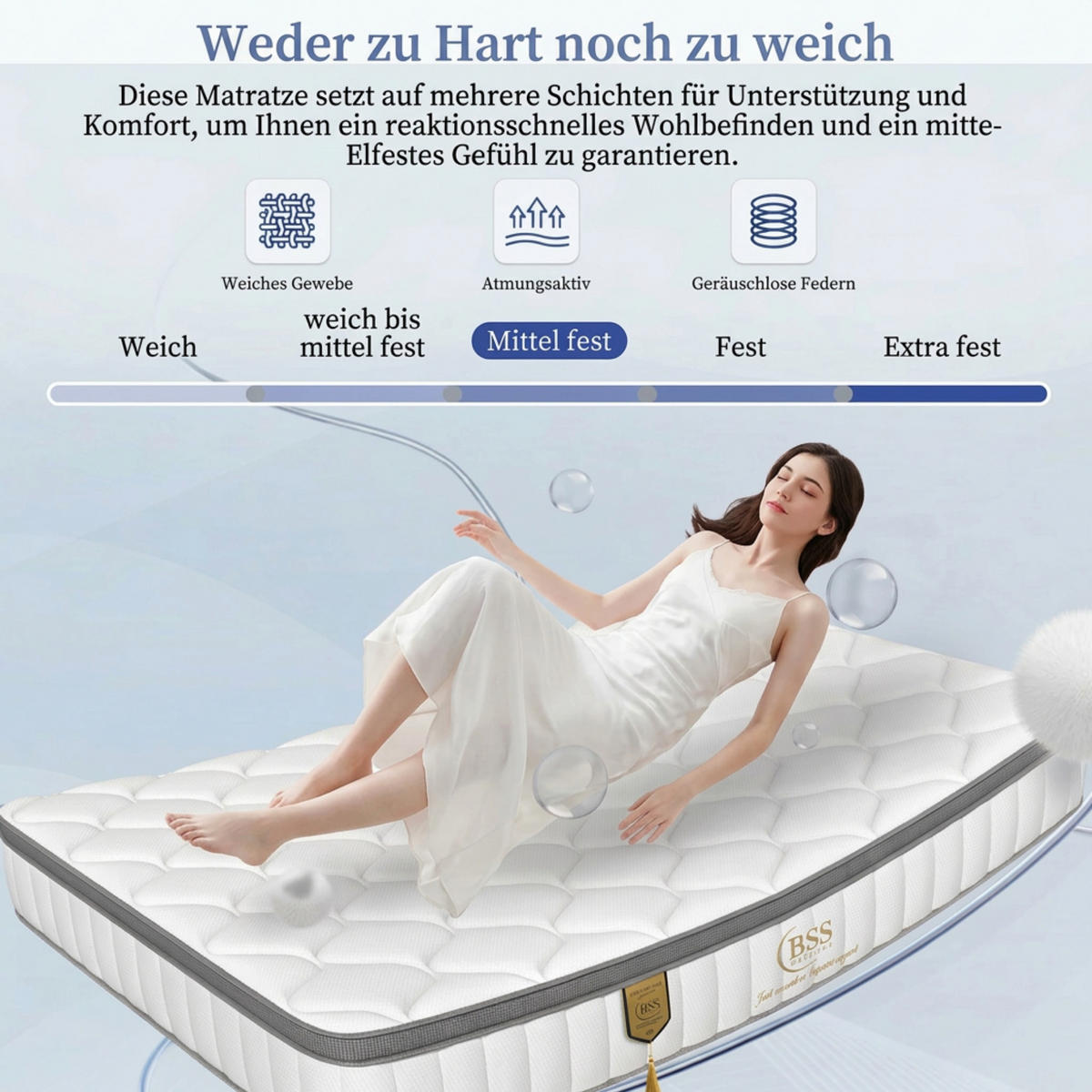 TASCHENFEDERKERNMATRATZE Sydney Matratze 160x200 cm, Höhe ca.: 30 cm, H2 + H3 = mittel + fest, 7-Zonen - Weiß, Textil (160/200cm) - Gowoll