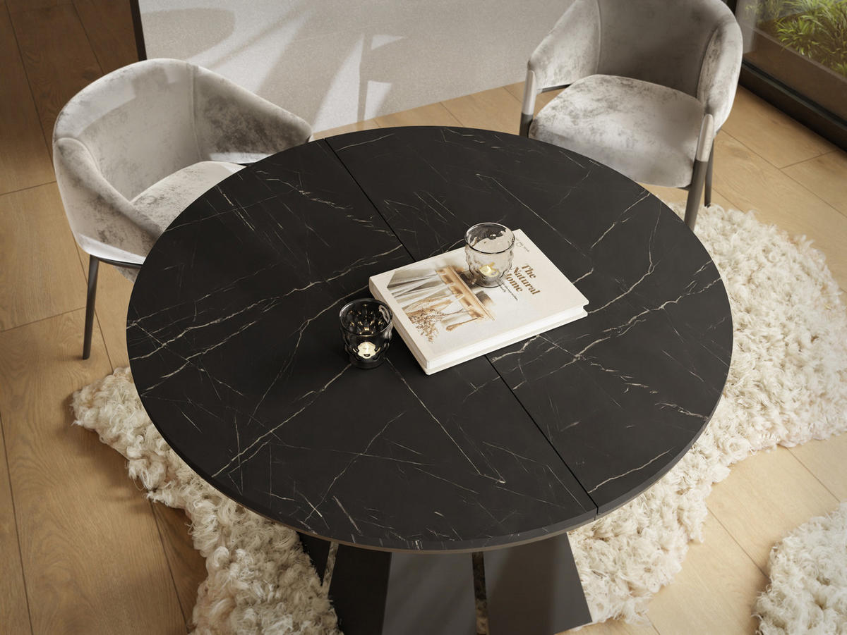 ESSTISCH Kova runder ausziehbarer, Marmor Schwarz 120-200/120/76 cm - Anthrazit/Schwarz, Holzwerkstoff/Metall (120/120/76cm) - WFL GROUP