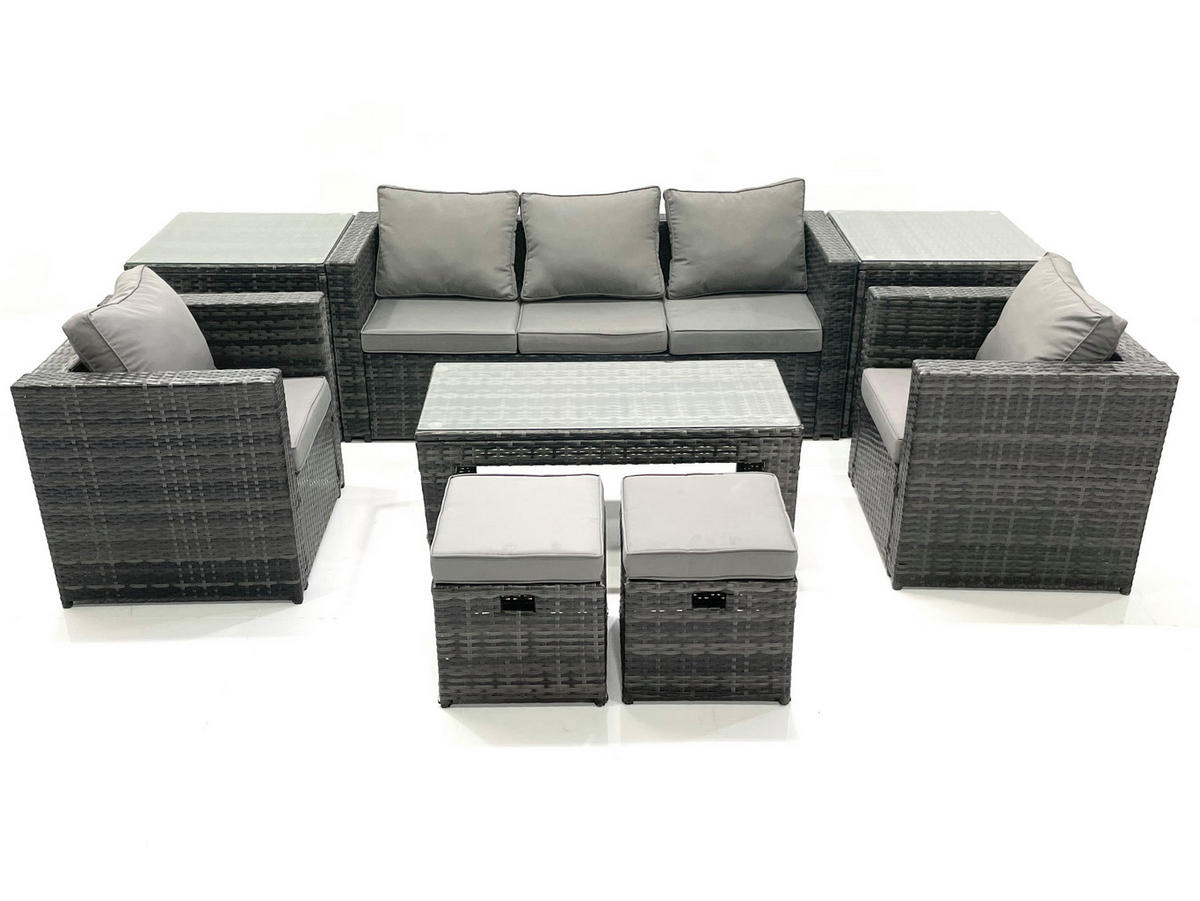 GARTENMÖBEL-SET COUCHTISCH SESSEL SOFA mit HOCKER Polyrattan Dunkelgrau Gemischt 7-Sitzer - Dunkelgrau/Grau, Glas/Kunststoff - Fimous