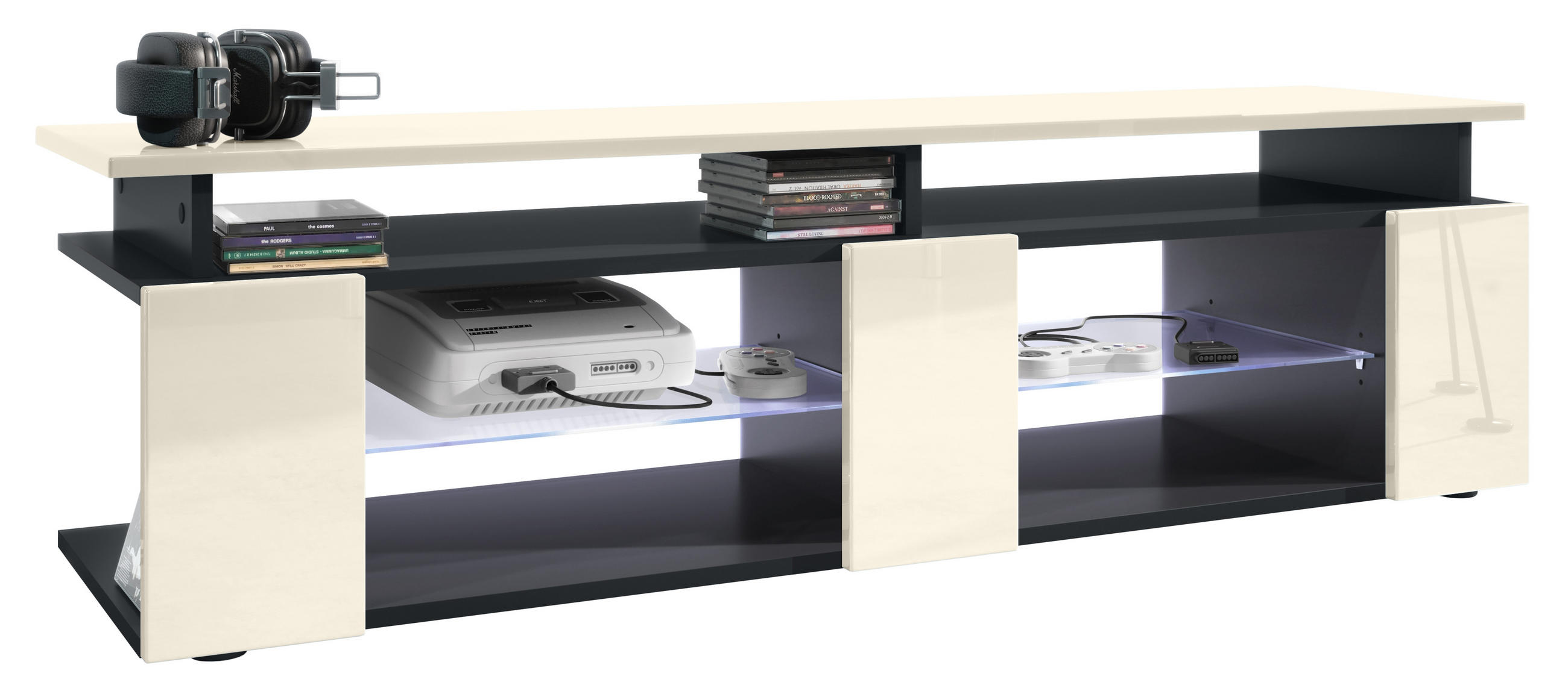 LOWBOARD Movie Fronten und obere Platte des Aufsatzes in Creme Hochglanz - Creme, Holzwerkstoff (138.5/39/39cm) - Vladon