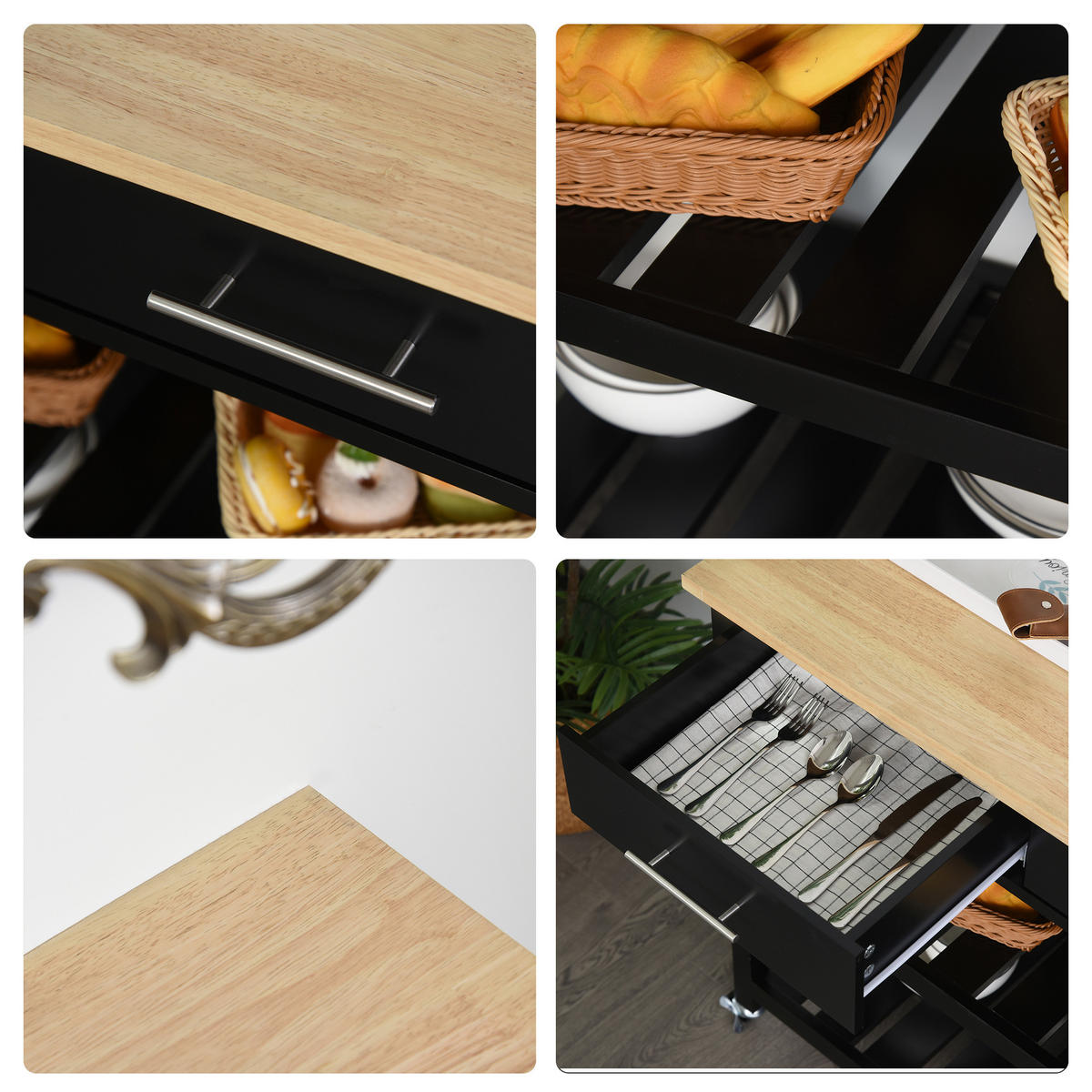 KÜCHENWAGEN, Küchenwagen mit Rollen, 2 Ablagen und 2 Schubladen, Schwarz-Naturholz-Finish, vielseitig einsetzbar - Multicolor, Metall (91.4/85/45.6cm) - FORIOUS