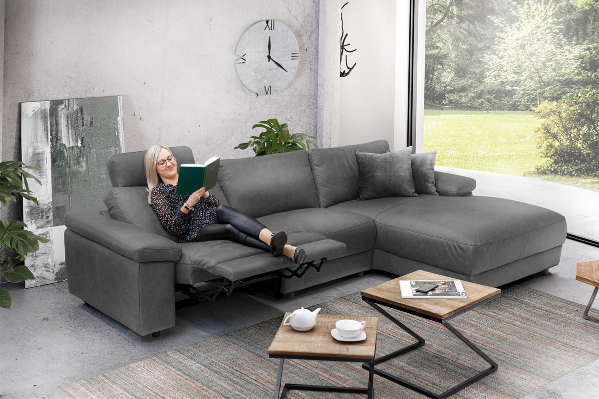 ECKSOFA XL MOTOR. RELAXFUNKTION LOLA Grau Webstoff - Schwarz/Grau, Textil (304/178cm) - KAWOLA