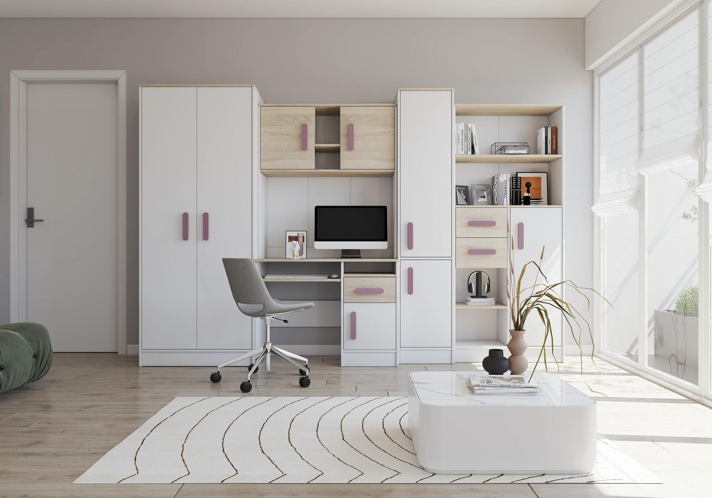 JUGENDZIMMER Wohnwand Colorino in Weiß und Eiche Sonoma – mit Erikafarbenen Griffen 5 teilig - Kinderzimmer Komplett - Weiß, Holzwerkstoff (80/200/120cm)