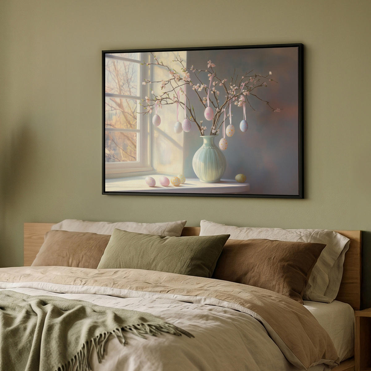 LEINWAND Bilder mit Rahmen - Stillleben - Vase - Osterzweig - 100x70 - Hellblau, Textil (100/70cm) - MuchoWow