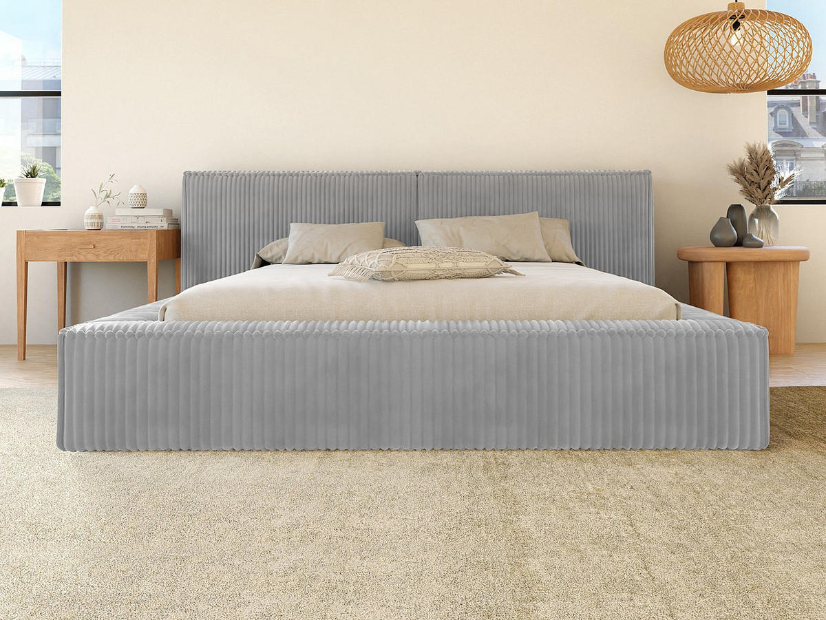 BETT mit Bettkasten - 2 Personen - Samt, Stoff - Hellgrau - - Hellgrau, Textil (160/200cm) - Vente-Unique