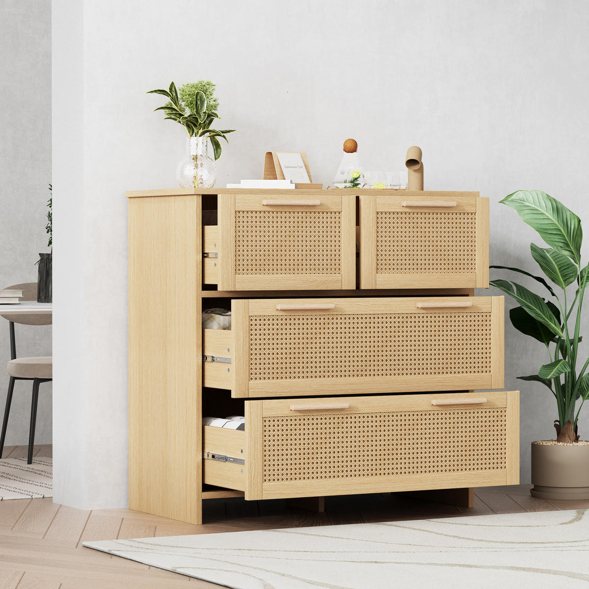 SIDEBOARD 80x80x38 cm, 4 Schubladen, Rattanoptik, Natur - Kastanienfarben, Holz (80/80/38cm)
