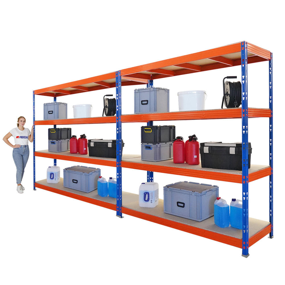 SCHWERLASTREGAL Rhino 2er-Set 200x200x60 cm 4 Spanplatten-Ebenen 16mm Fachlast 500 kg Blau/Orange - Blau/Orange, Metall (400/200/60cm) - PROREGAL
