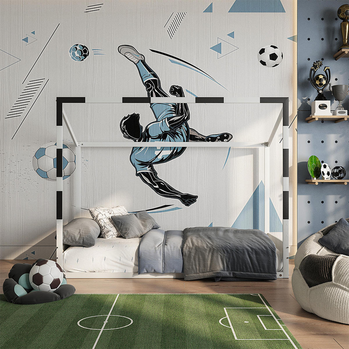 KINDERBETT Goal, Weiß/Schwarz, 90x200 mit Matratze - Schwarz/Weiß, Metall - VitaliSpa