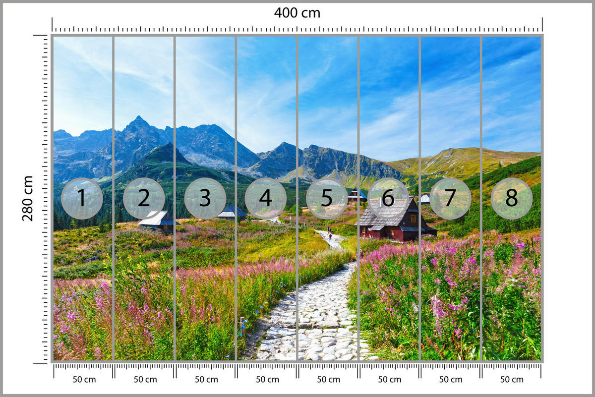 FOTOTAPETE für Wohnzimmer Steinerner Pfad Berge Bäume Häuser Pflanzen 400x280 - Beige/Rosa, Papier (400/280cm) - Muralo