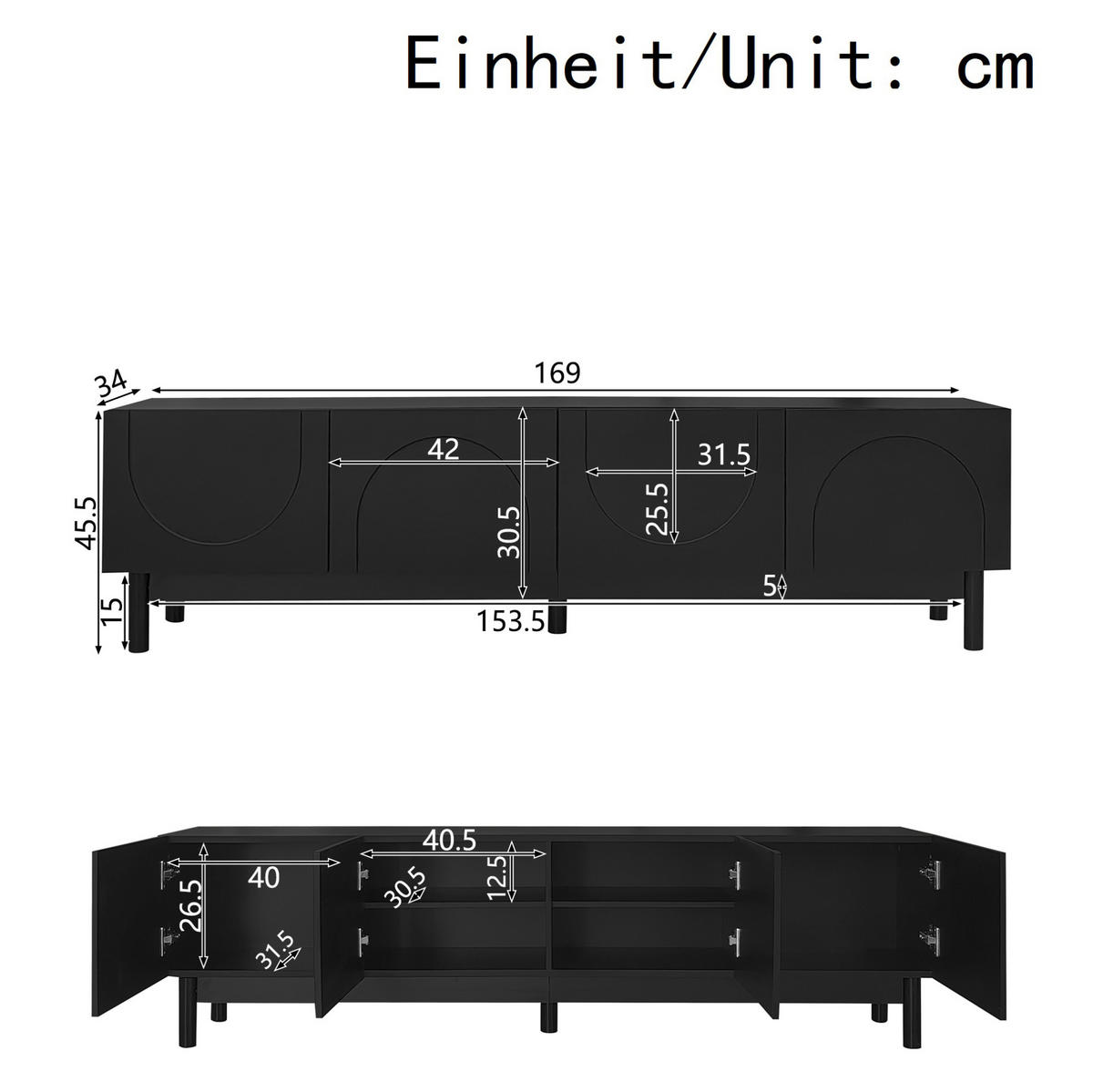 TV-SCHRANK mit 4 Türen 169 x 34 x 45,5 cm Schwarz - Schwarz, Holzwerkstoff (35/45.5/169cm) - Beauniv