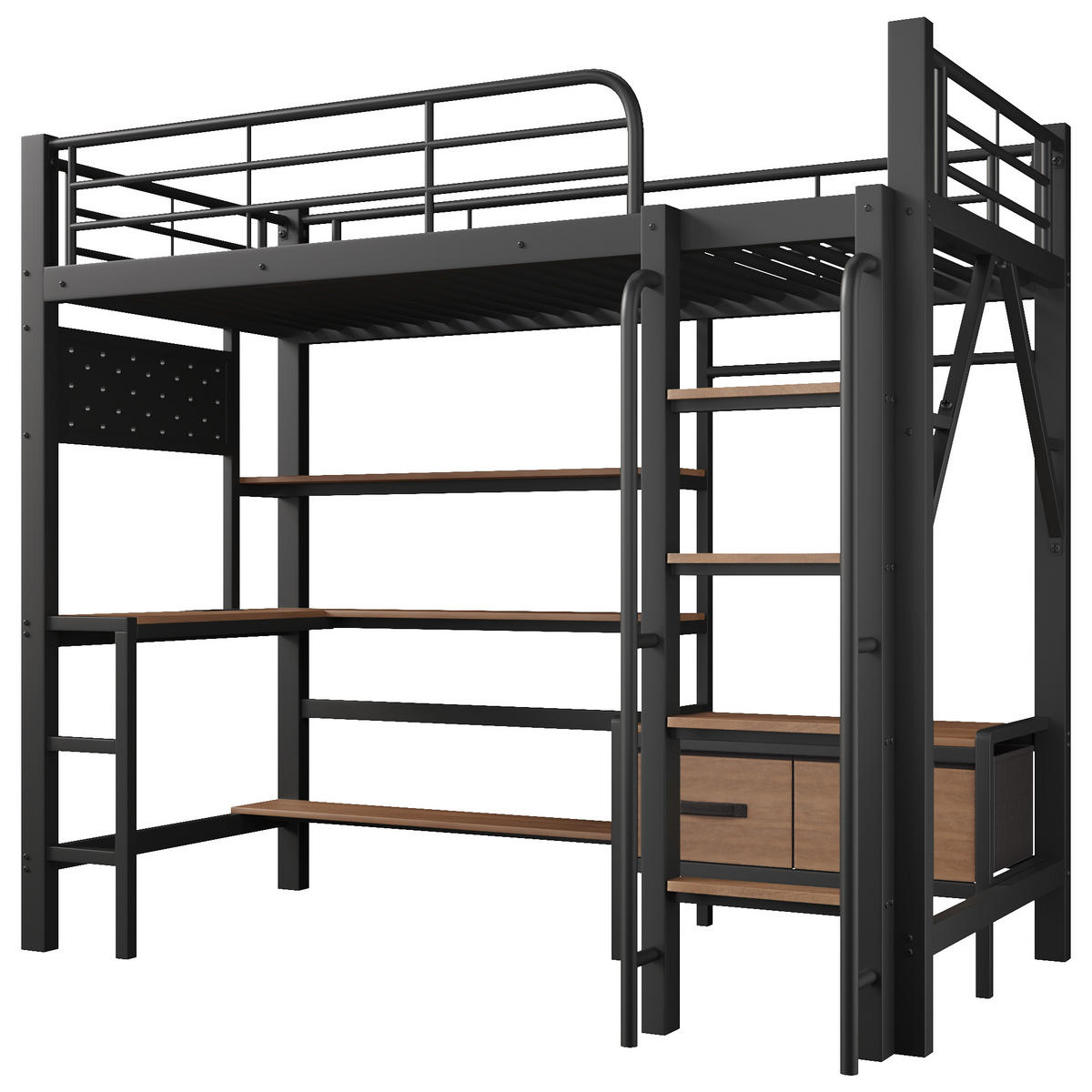 HOCHBETT 90/200 cm mit Eisenrahmen Schwarz, Schreibtisch, Lochwand und LED-Licht - Schwarz, Metall