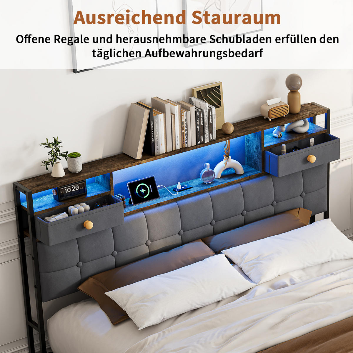 BETT 160x200 mit 2 Schubladen am Kopfteil, Hydraulik-Stauraum, LED und USB, Samt in Grau - Grau, Holz (160/200cm) - BRILVERDE