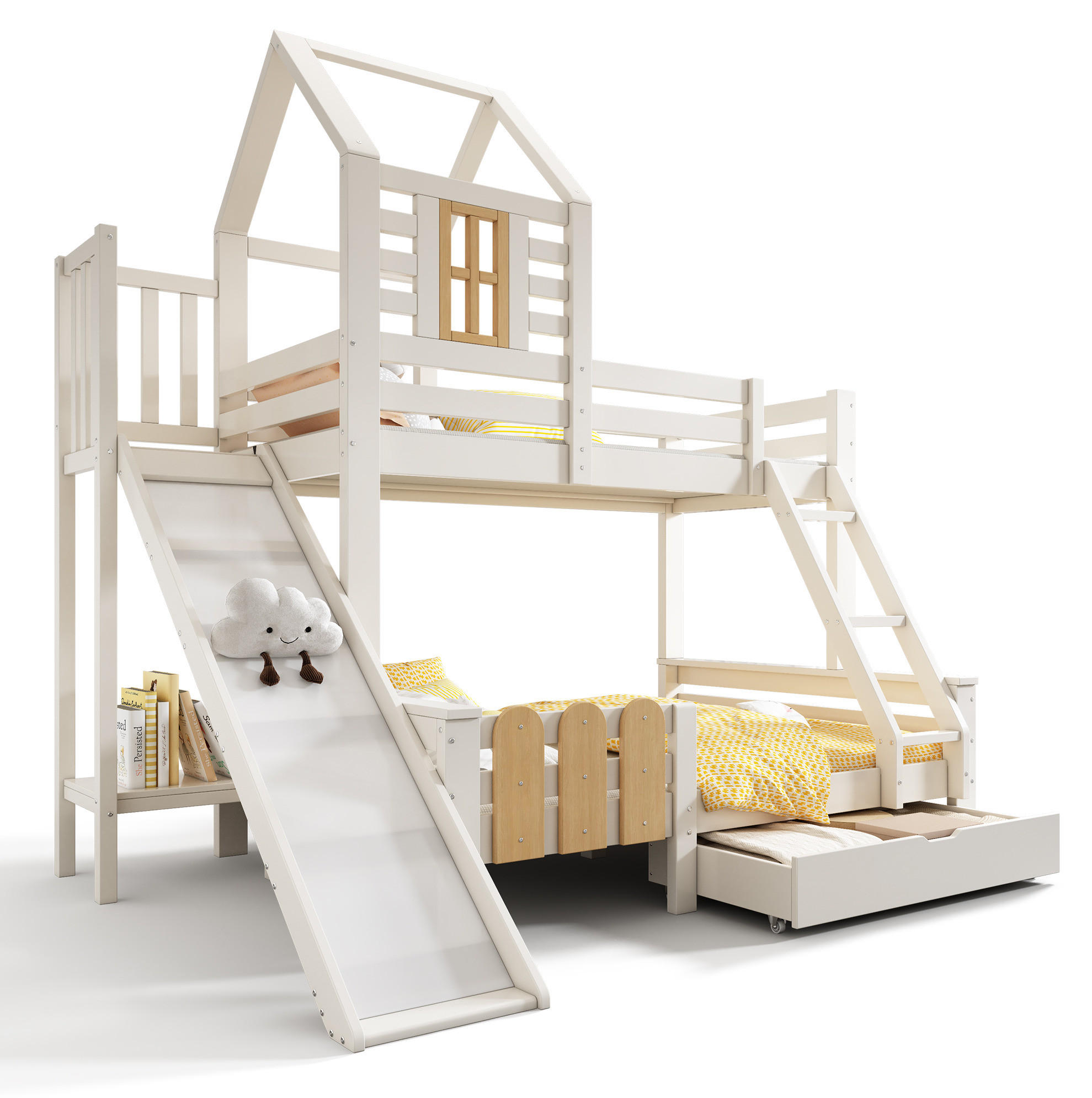 ETAGENBETT 90/200 cm Weiß aus Metall und Holz mit Rutsche Schublade und Leiter - Weiß, Metall (90/200cm) - OKWISH