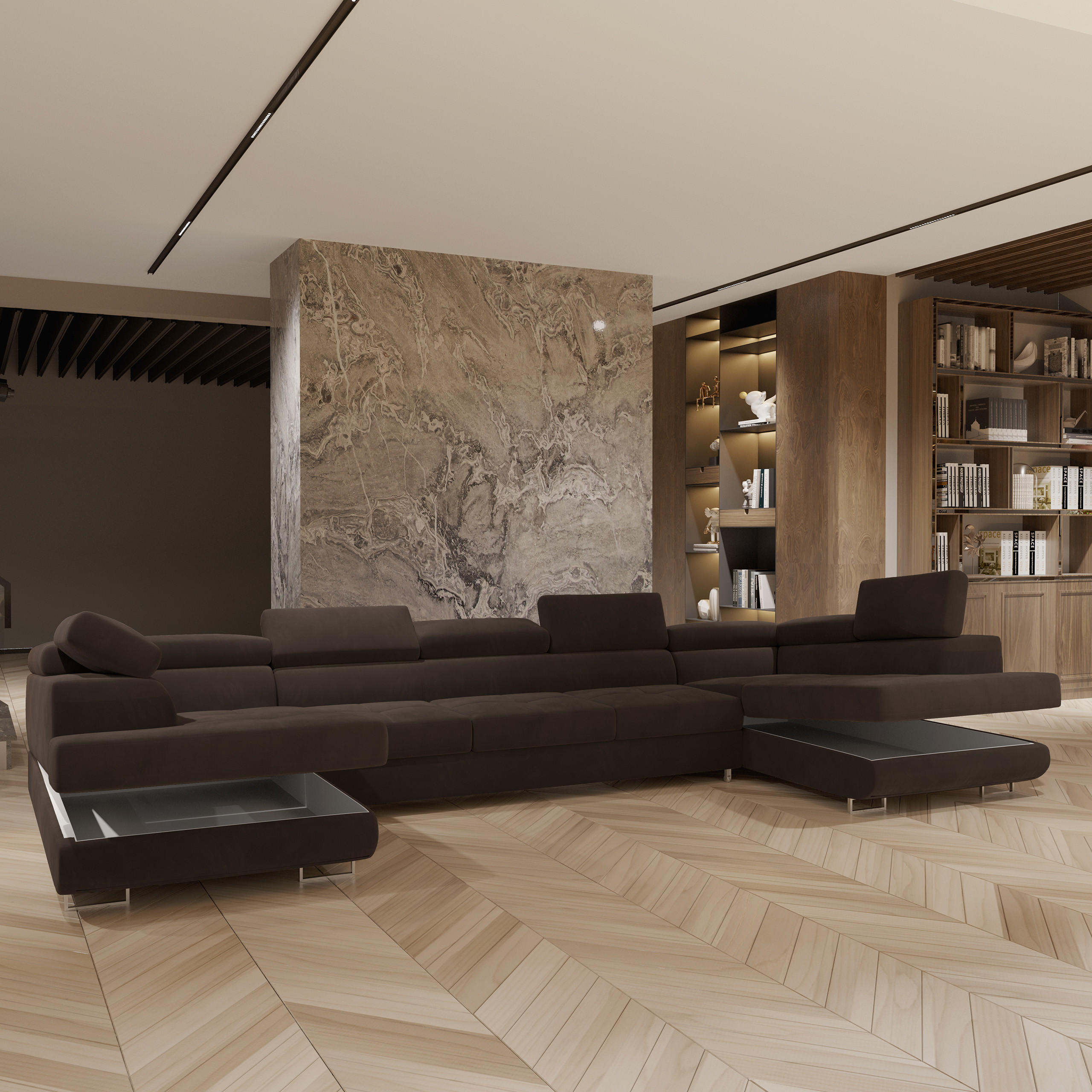 WOHNLANDSCHAFT ISOLANO Braun Velours-Stoff mit Schlaffunktion - Braun, Holz (408/90/202cm) - MASSENO