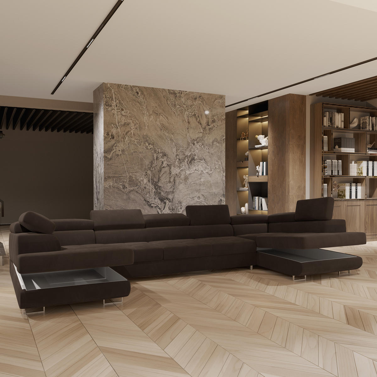 WOHNLANDSCHAFT ISOLANO Braun Velours-Stoff mit Schlaffunktion - Braun, Holz (408/90/202cm) - MASSENO