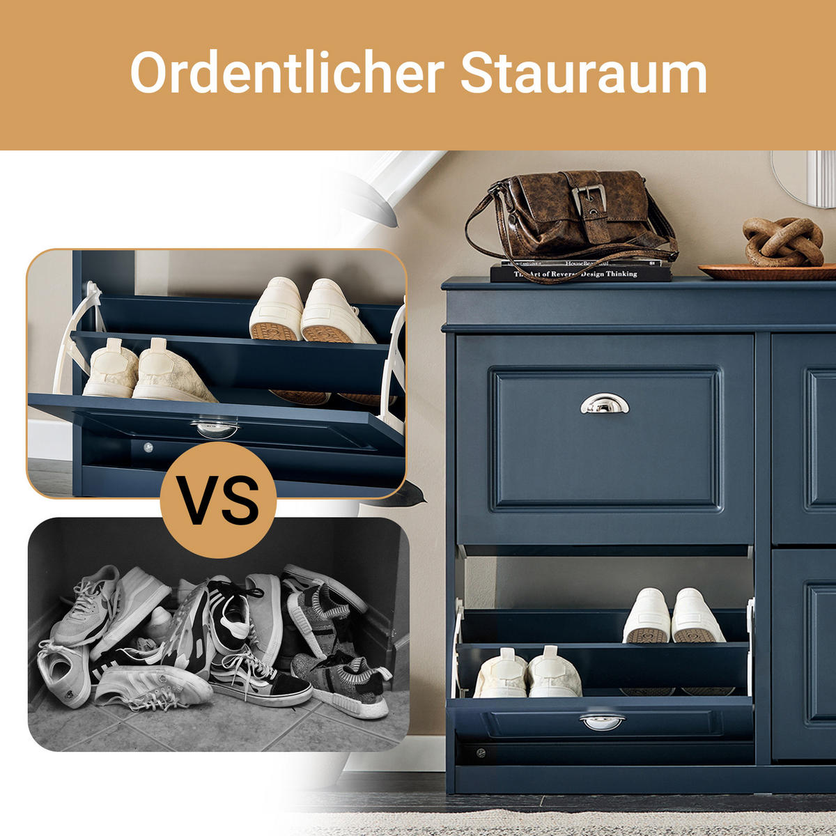 SCHUHKIPPER Blau, Schuhschrank mit 4 Klappen - Blau, Holzwerkstoff (104/83/24cm) - SoBuy