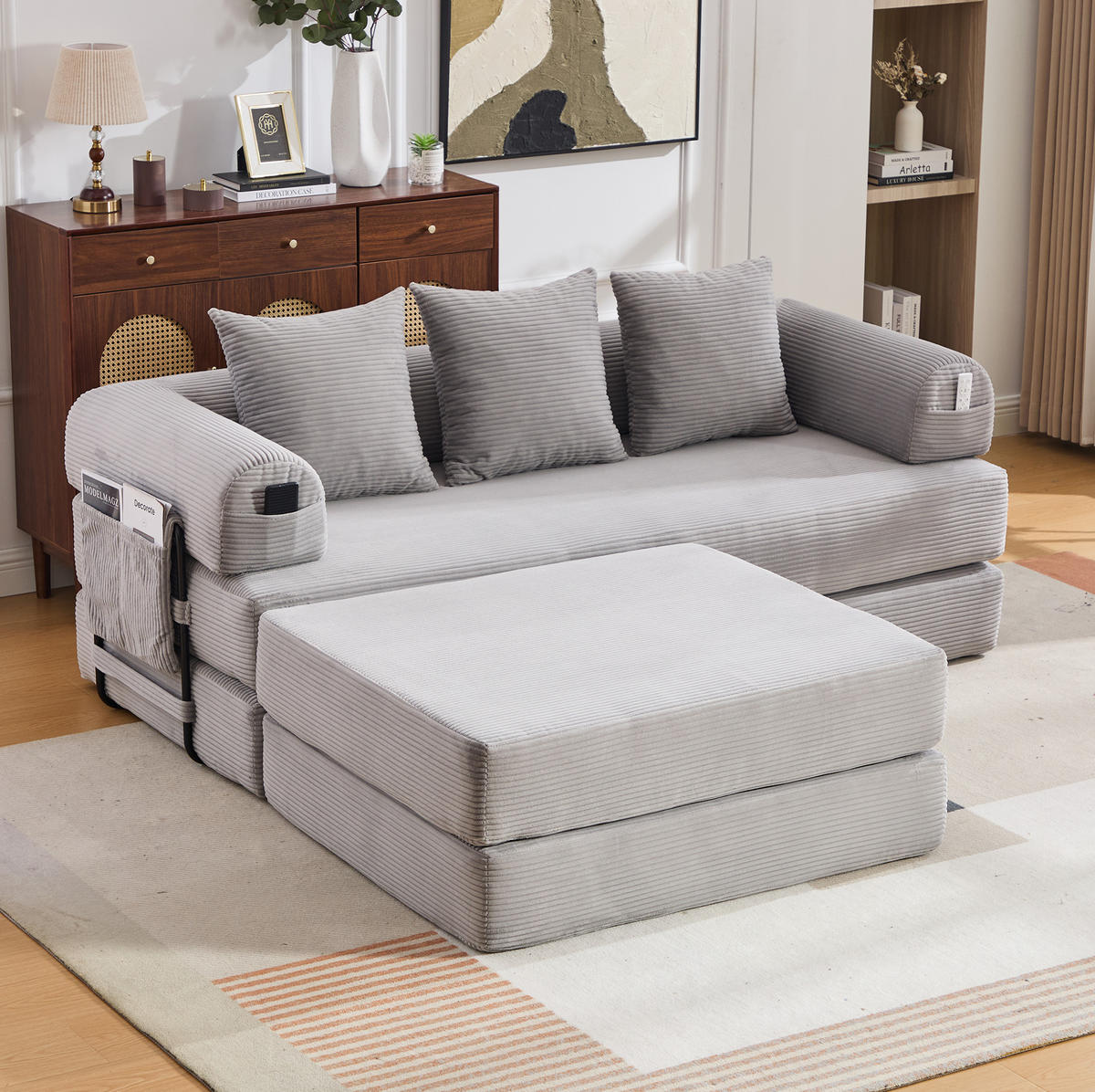 SOFA modular mit Hocker 200 x 190 cm Cord Hellgrau - Hellgrau, Kunststoff (190/200cm) - Meubliv